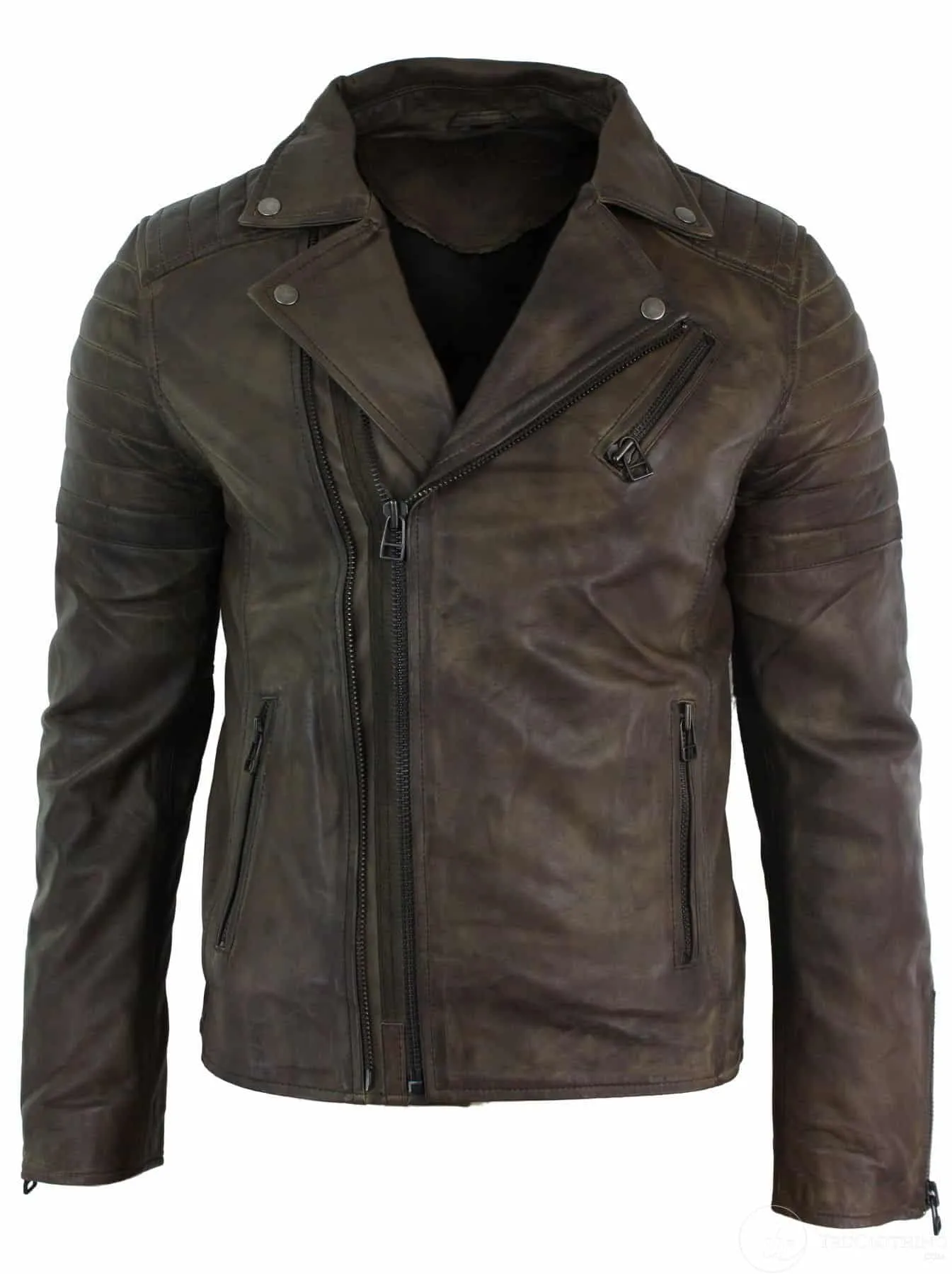 Real Leather Slim Fit Cross Zip Retro Vintage Brando Mens Jacket Vintage Biker-Brown