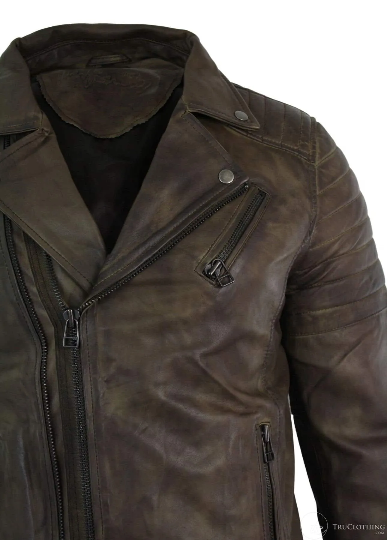 Real Leather Slim Fit Cross Zip Retro Vintage Brando Mens Jacket Vintage Biker-Brown