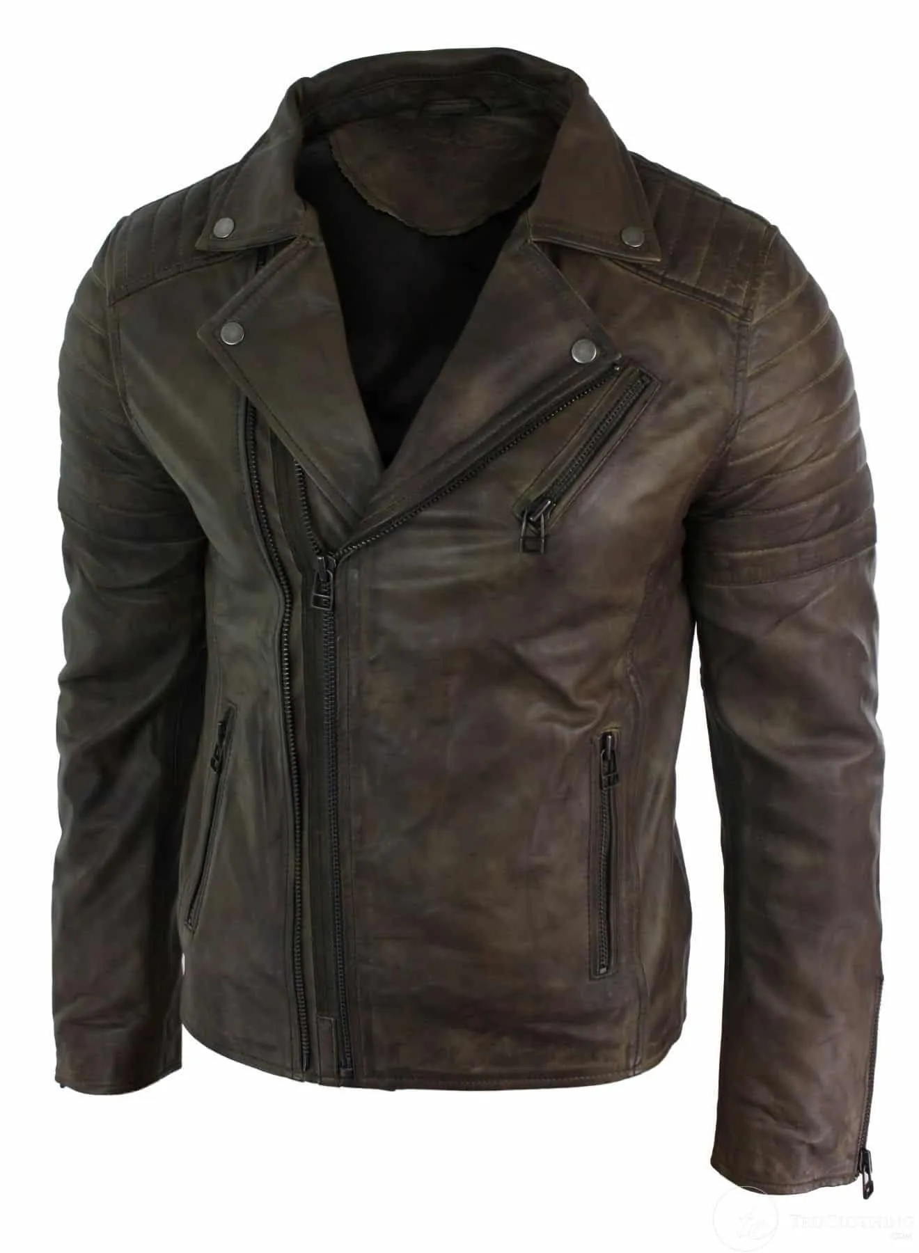 Real Leather Slim Fit Cross Zip Retro Vintage Brando Mens Jacket Vintage Biker-Brown