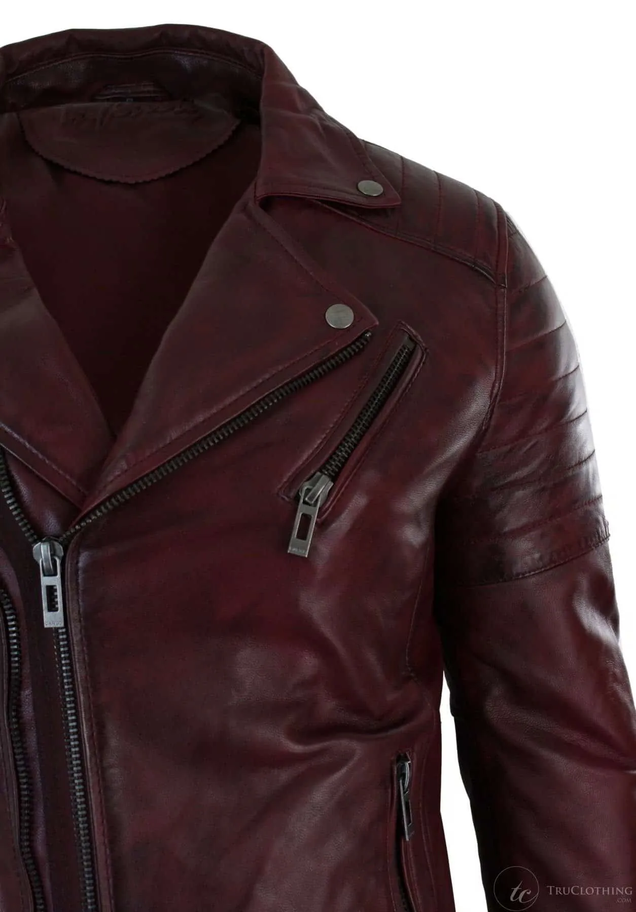 Real Leather Slim Fit Cross Zip Retro Vintage Brando Mens Jacket Vintage Biker-Burgundy