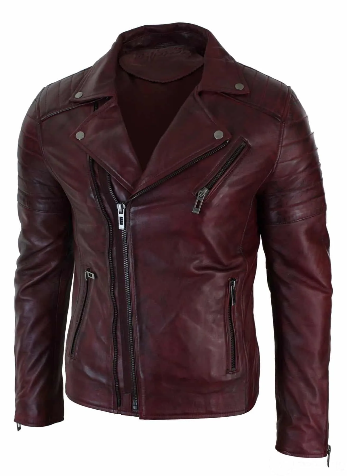 Real Leather Slim Fit Cross Zip Retro Vintage Brando Mens Jacket Vintage Biker-Burgundy