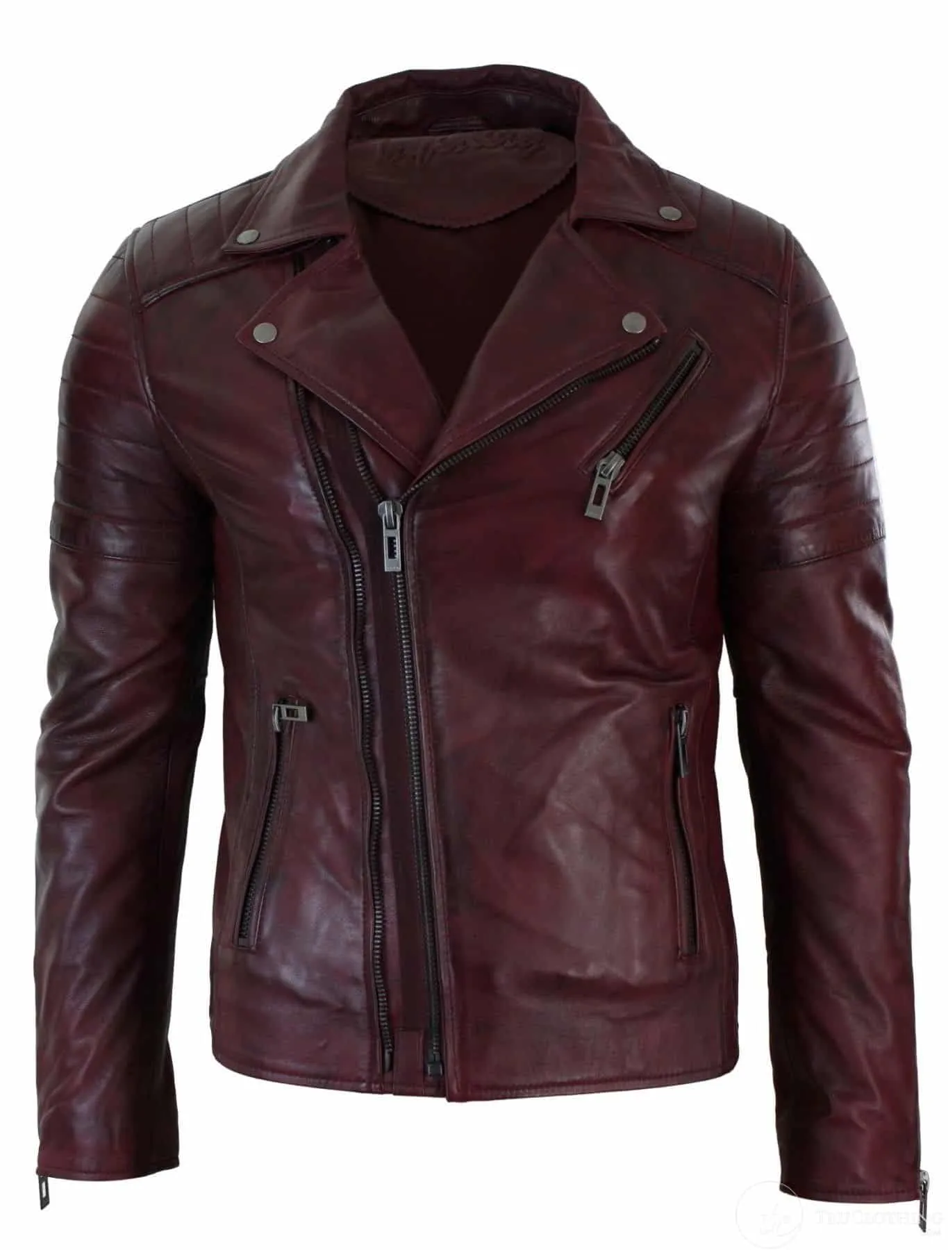 Real Leather Slim Fit Cross Zip Retro Vintage Brando Mens Jacket Vintage Biker-Burgundy