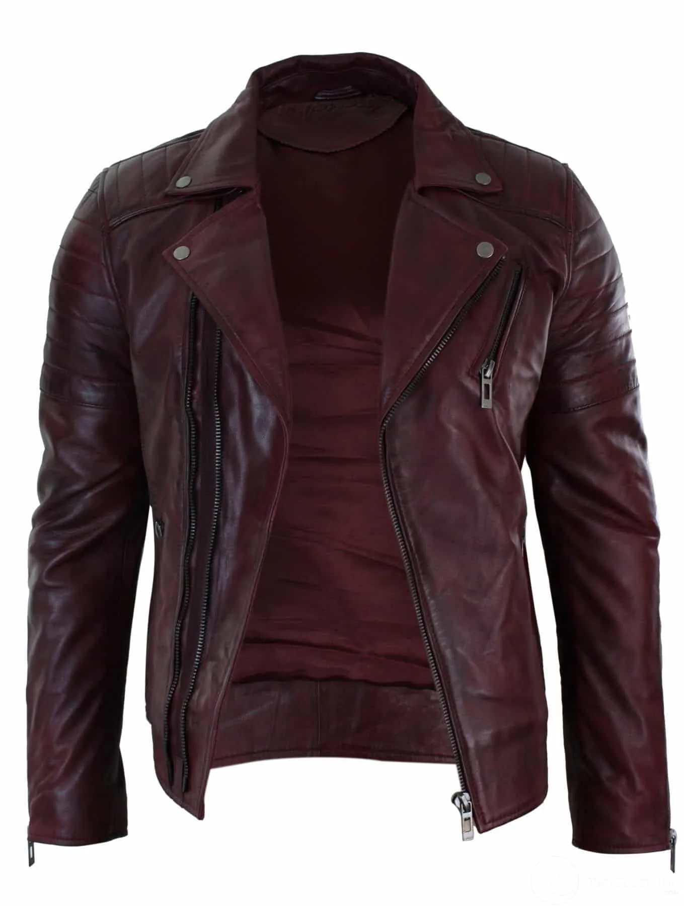 Real Leather Slim Fit Cross Zip Retro Vintage Brando Mens Jacket Vintage Biker-Burgundy