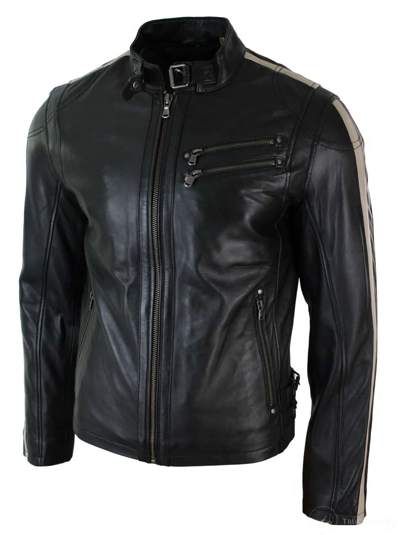 Real Leather Slim Fit Short Mens Biker Racing Jacket Stripes Sleeves Zipped