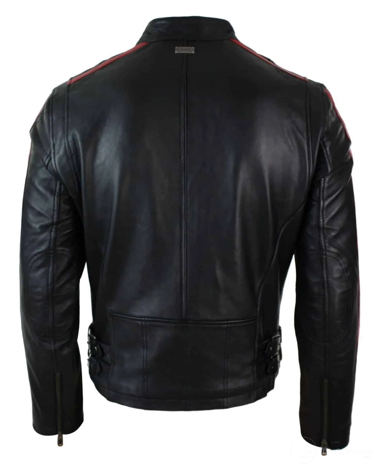 Real Leather Slim Fit Short Mens Biker Racing Jacket Stripes Sleeves Zipped