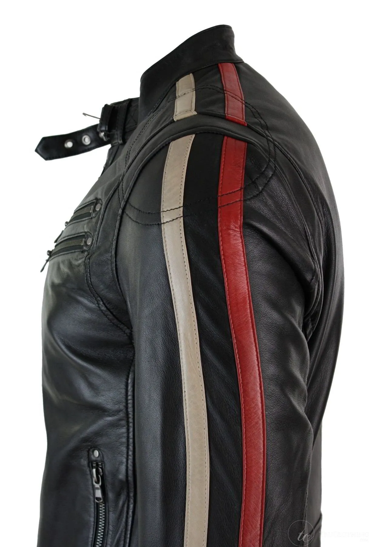 Real Leather Slim Fit Short Mens Biker Racing Jacket Stripes Sleeves Zipped