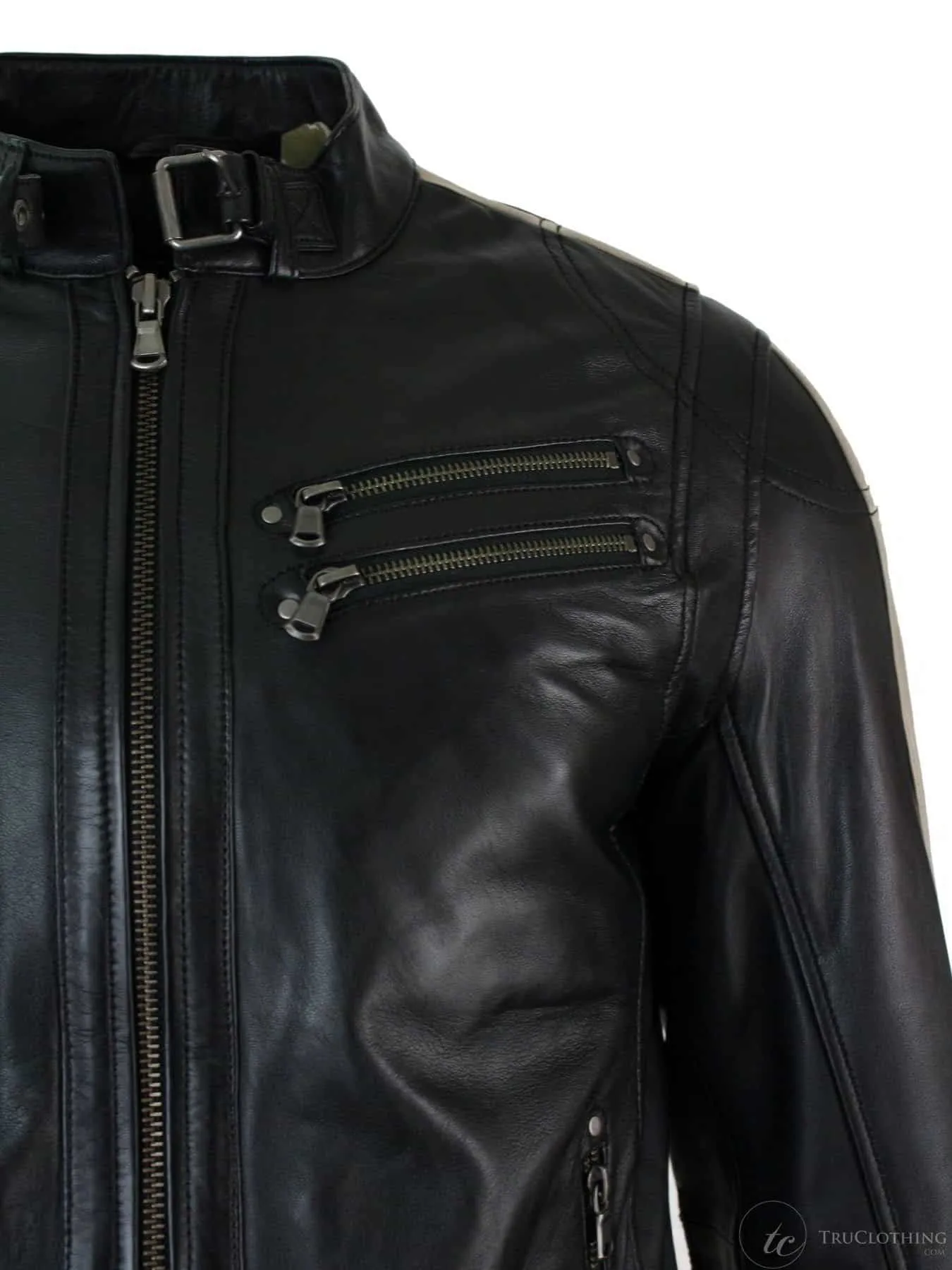 Real Leather Slim Fit Short Mens Biker Racing Jacket Stripes Sleeves Zipped