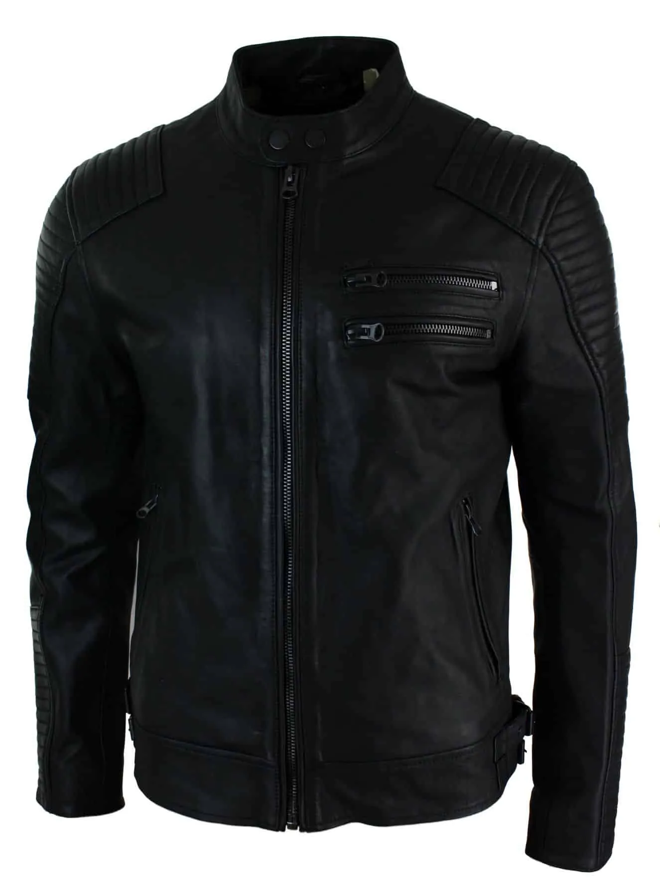 Real Leather Slim Fit Washed Black Zip Mens Biker Jacket Short Casual