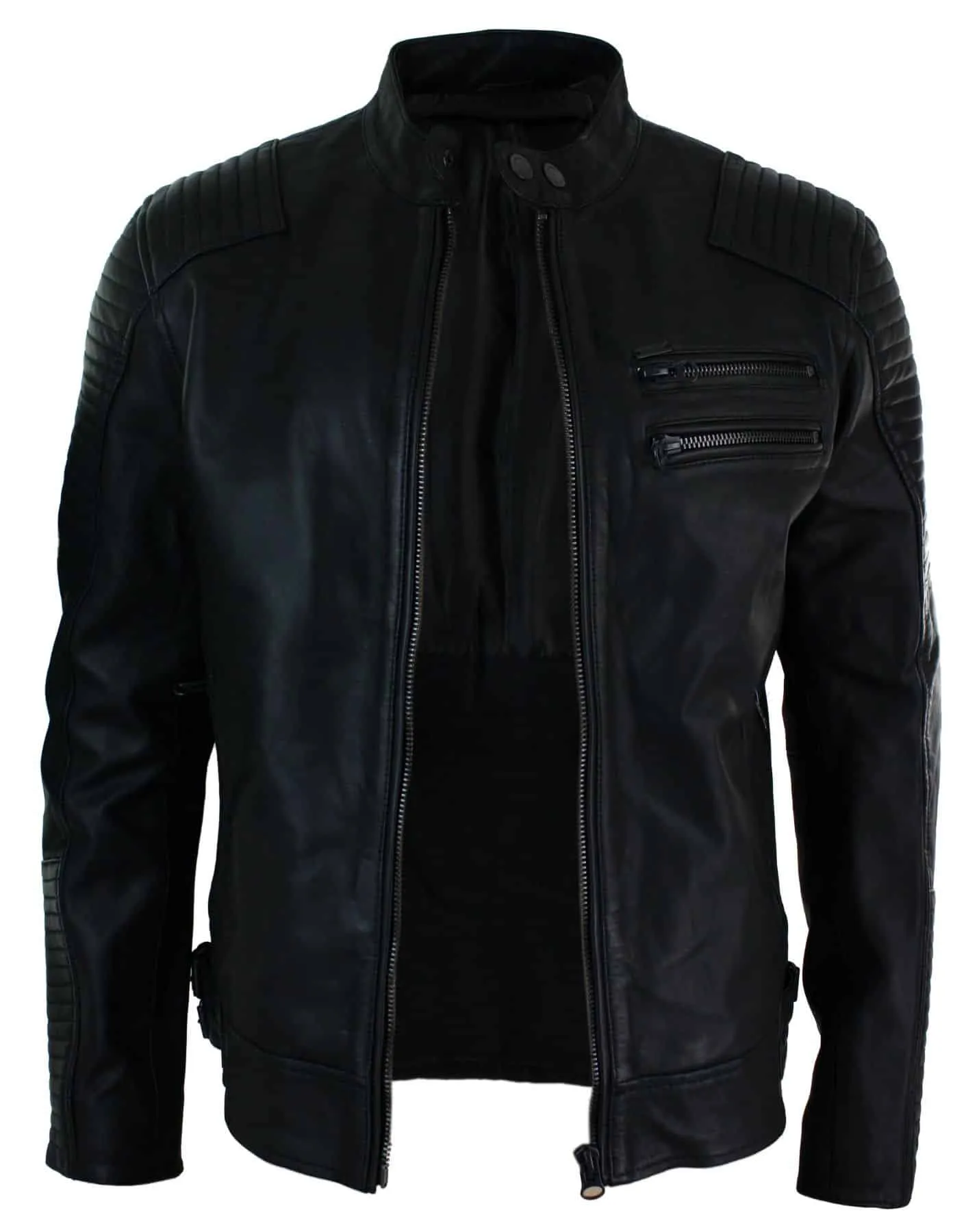 Real Leather Slim Fit Washed Black Zip Mens Biker Jacket Short Casual