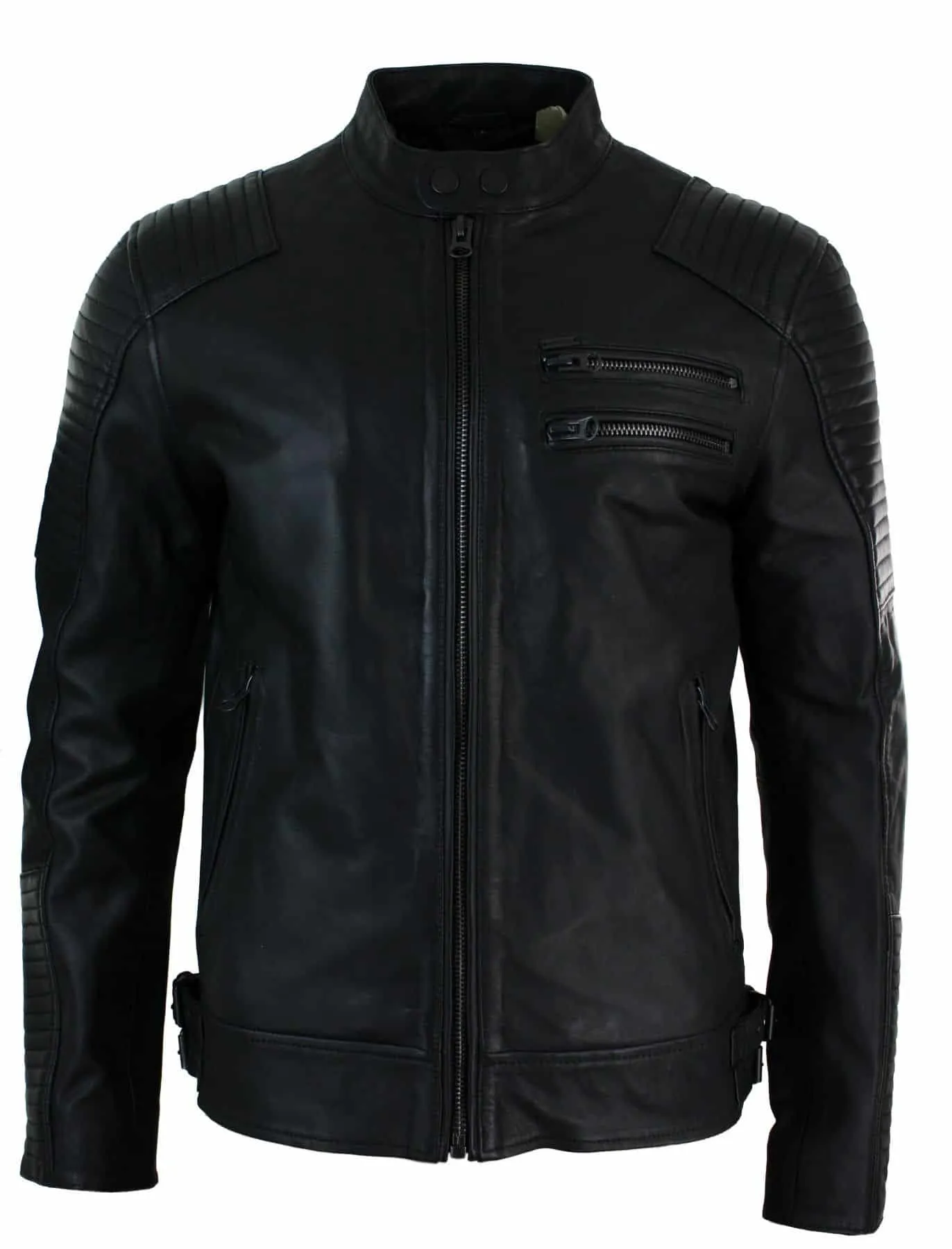 Real Leather Slim Fit Washed Black Zip Mens Biker Jacket Short Casual