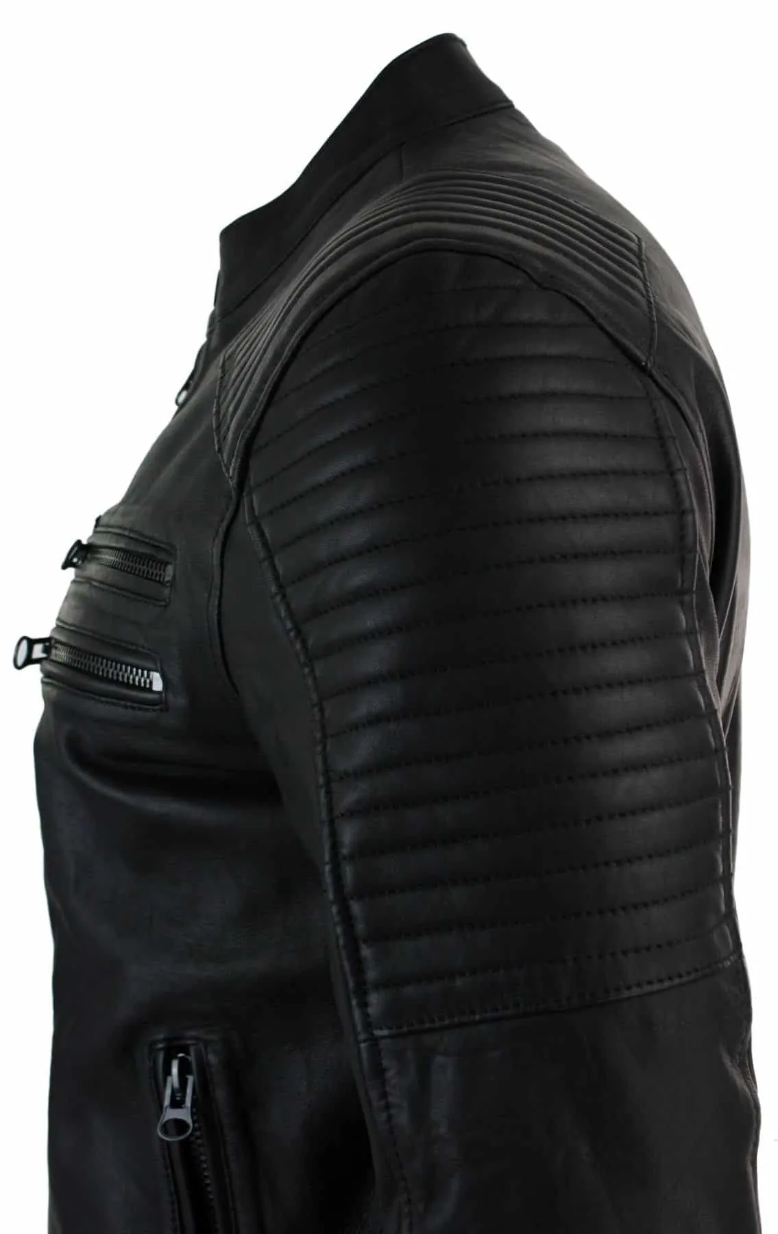 Real Leather Slim Fit Washed Black Zip Mens Biker Jacket Short Casual