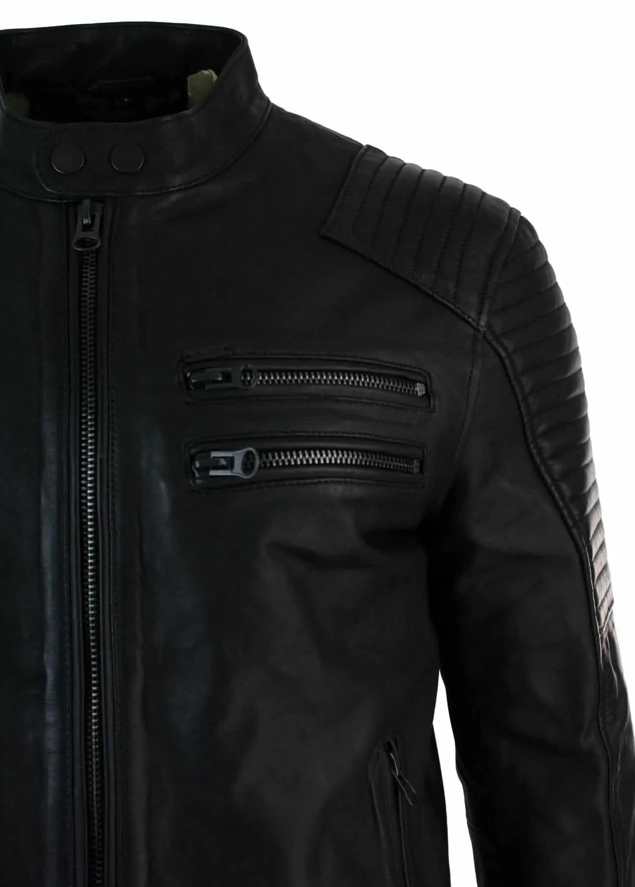 Real Leather Slim Fit Washed Black Zip Mens Biker Jacket Short Casual