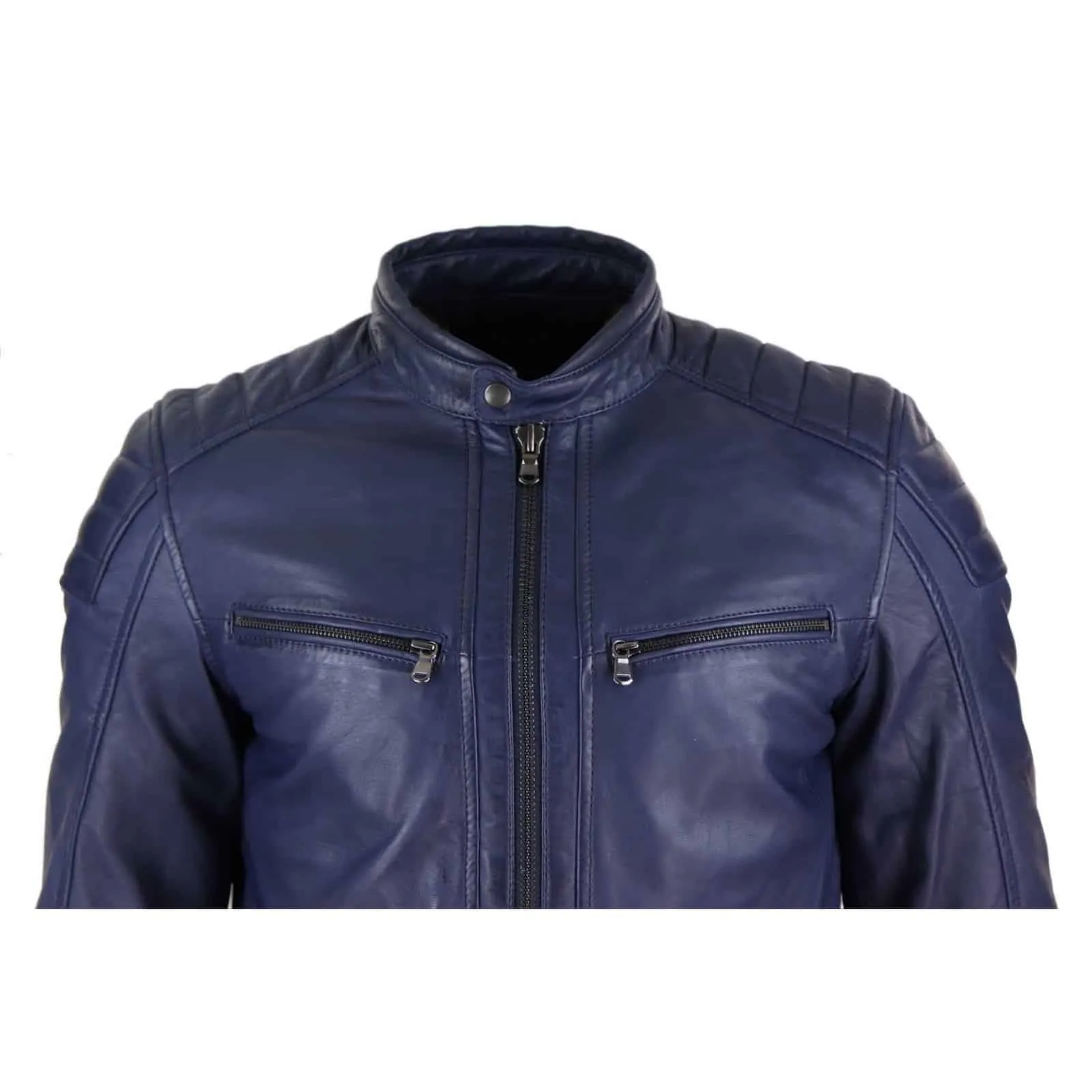 Real Leather Tailored Fit Mens Biker Jacket - Navy Blue