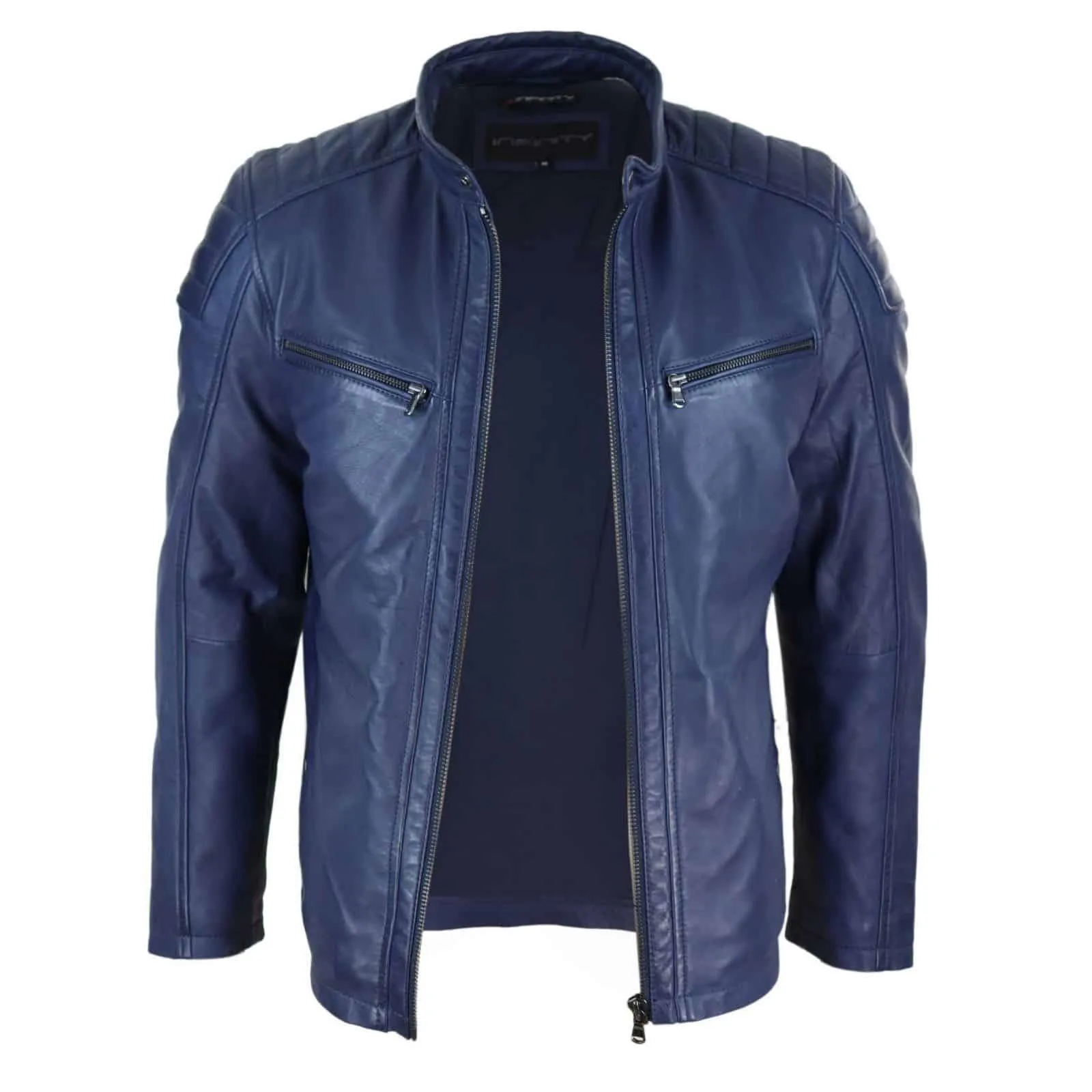 Real Leather Tailored Fit Mens Biker Jacket - Navy Blue