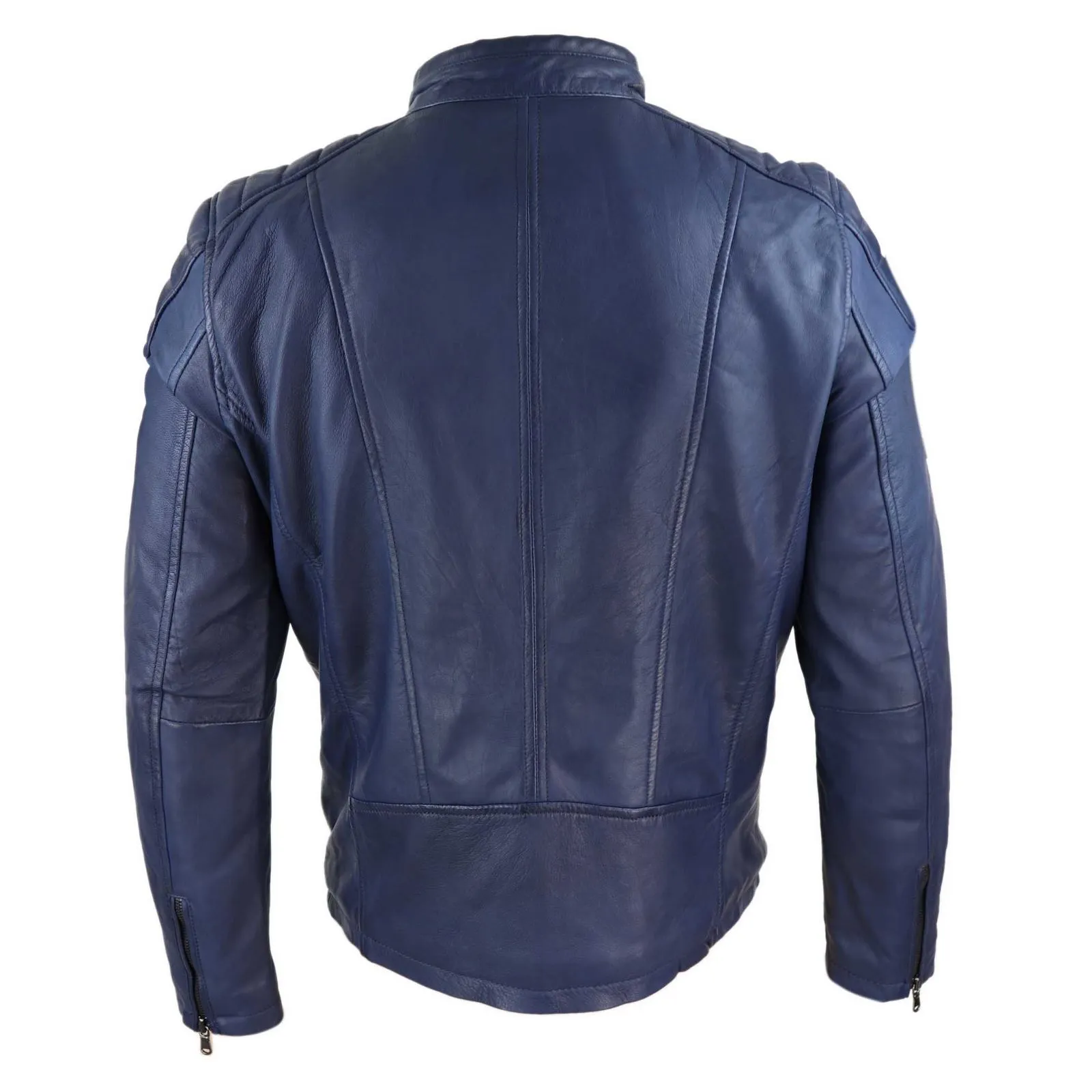 Real Leather Tailored Fit Mens Biker Jacket - Navy Blue