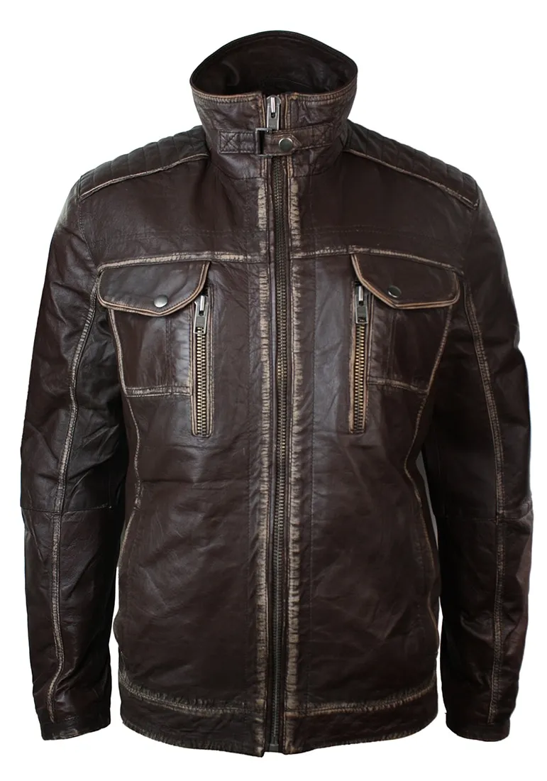 Real Washed Brown Leather Retro Vintage Distressed Jacket Rub Off for Men