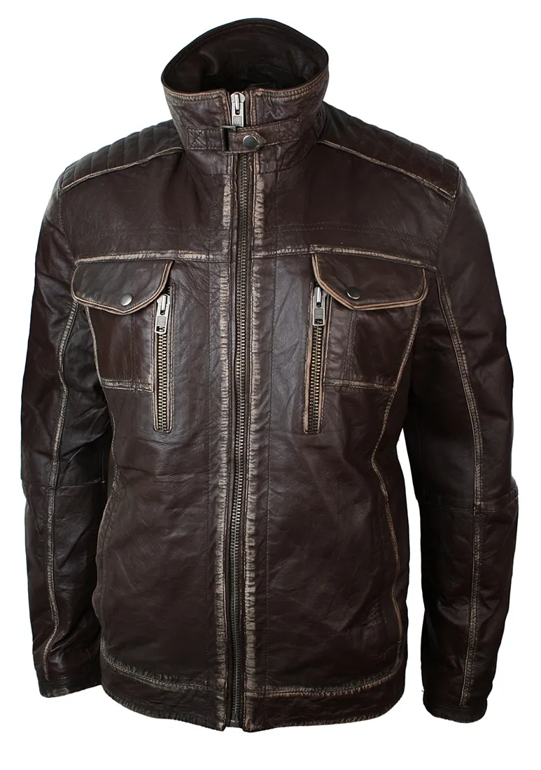 Real Washed Brown Leather Retro Vintage Distressed Jacket Rub Off for Men