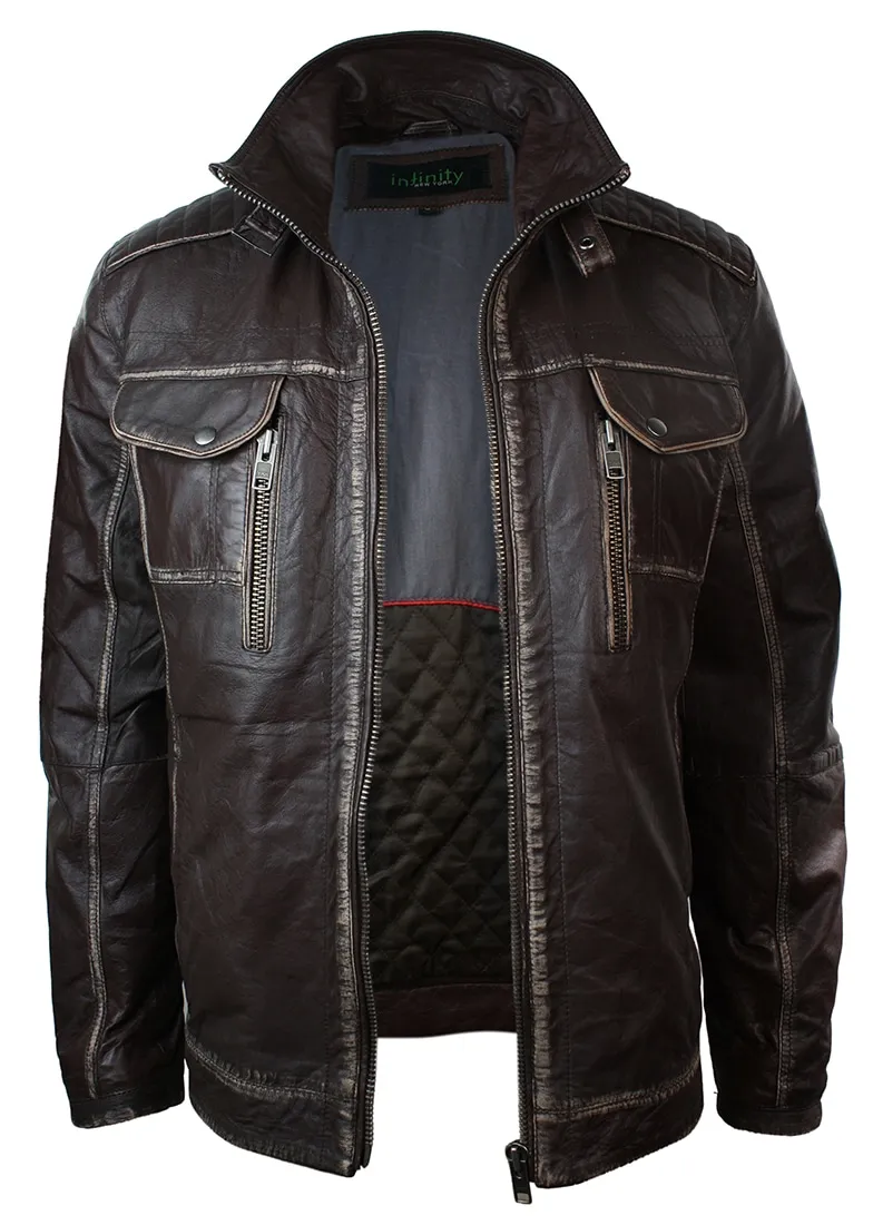 Real Washed Brown Leather Retro Vintage Distressed Jacket Rub Off for Men