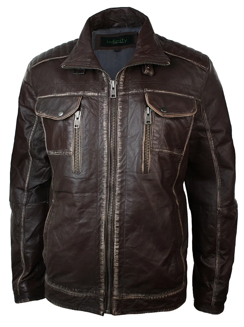 Real Washed Brown Leather Retro Vintage Distressed Jacket Rub Off for Men