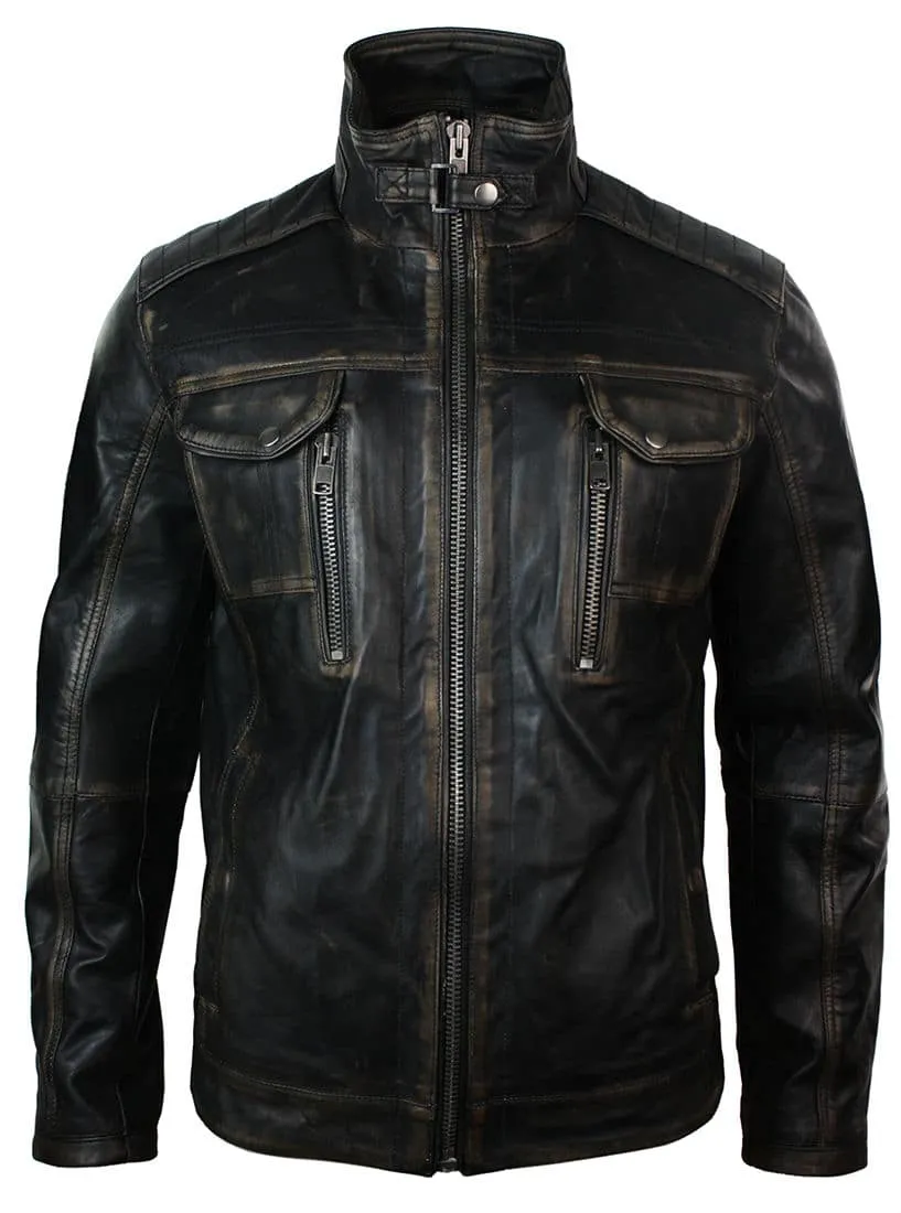 Real Washed Leather Retro Vintage Distressed Jacket Black Rub Off for Men