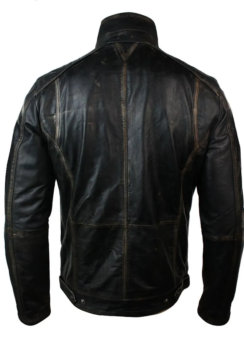 Real Washed Leather Retro Vintage Distressed Jacket Black Rub Off for Men