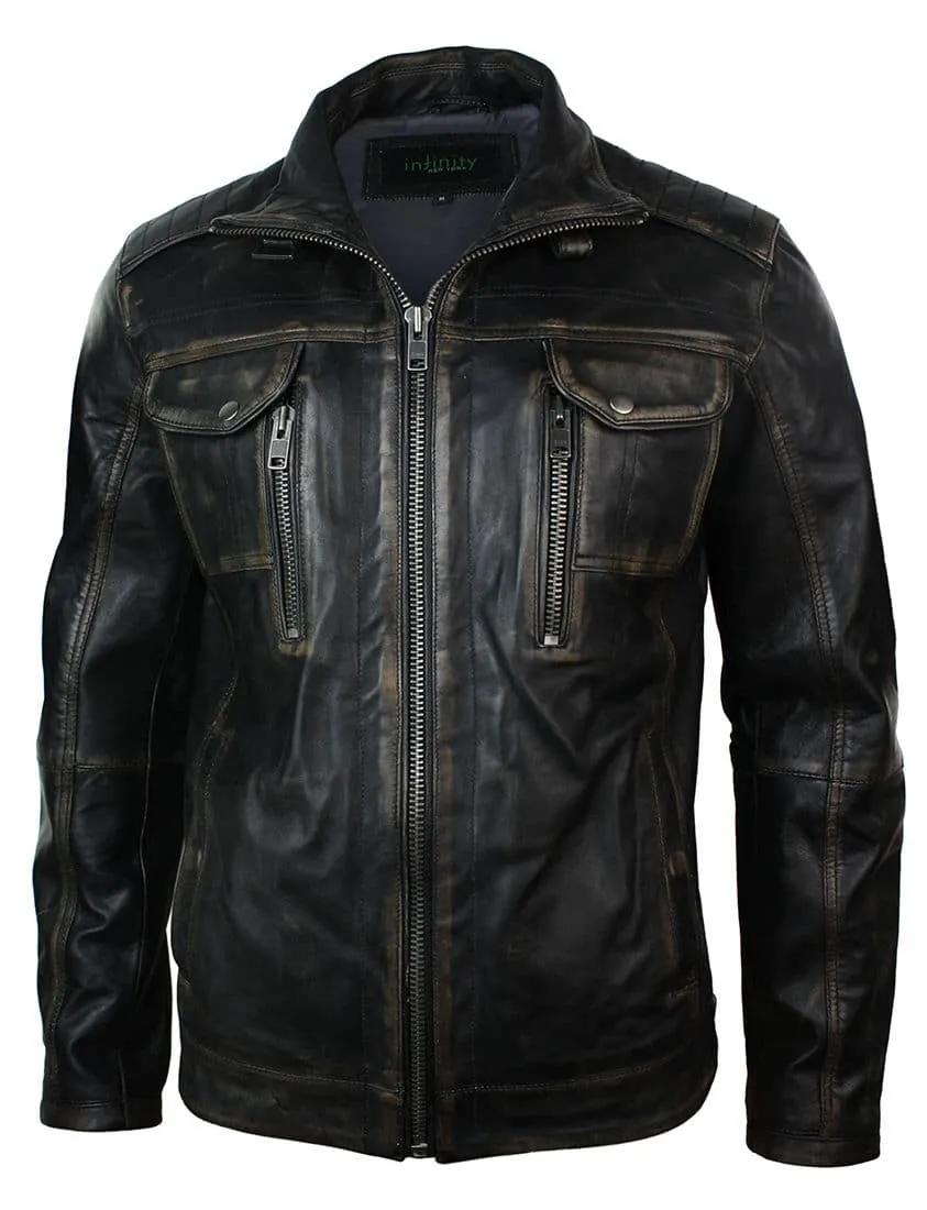 Real Washed Leather Retro Vintage Distressed Jacket Black Rub Off for Men