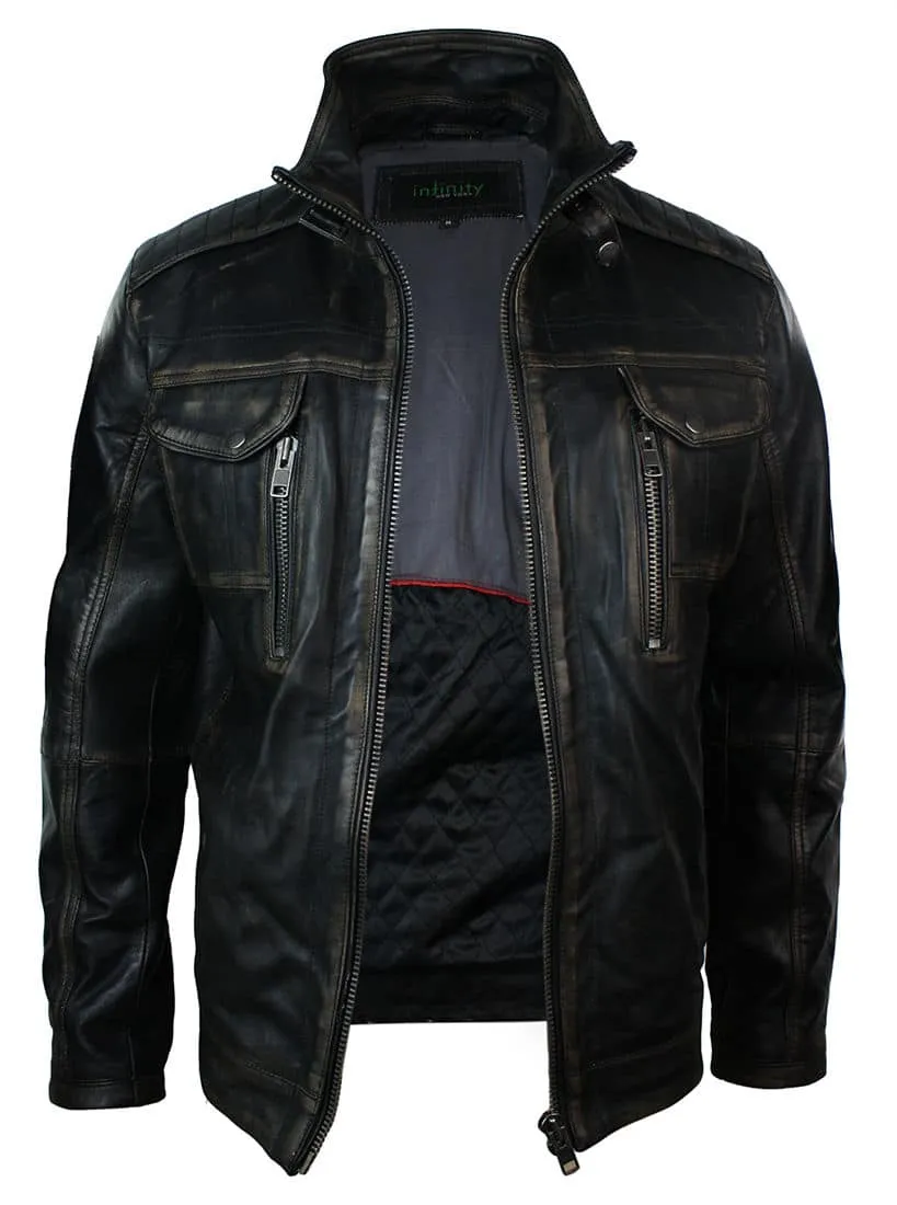 Real Washed Leather Retro Vintage Distressed Jacket Black Rub Off for Men