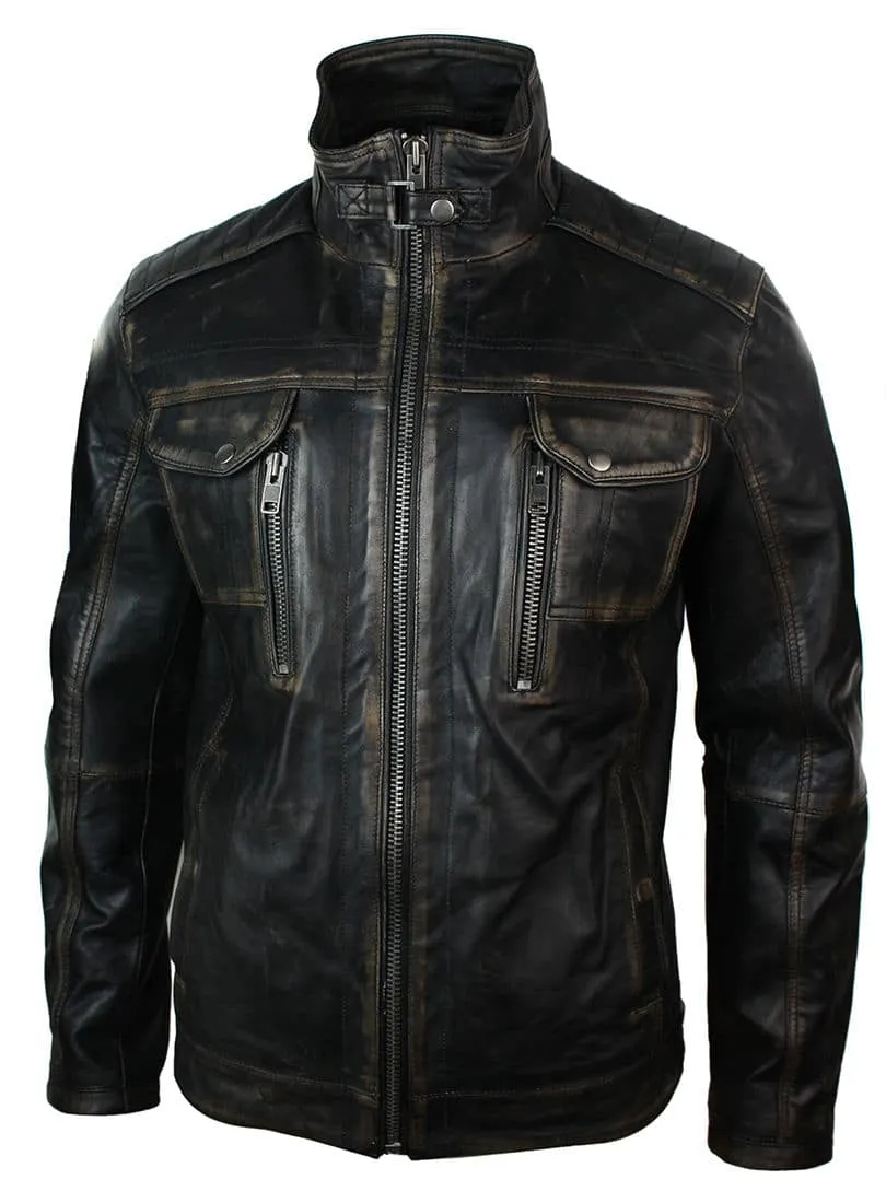 Real Washed Leather Retro Vintage Distressed Jacket Black Rub Off for Men