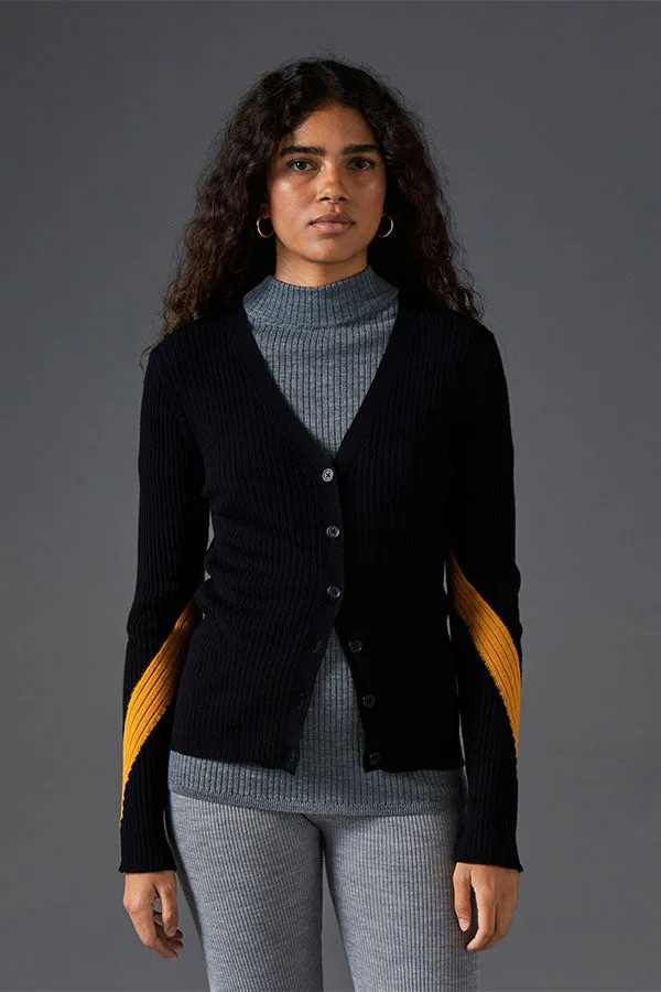 Rodier BLACK BICOLOR RIBBED MERINO WOOL CARDIGAN