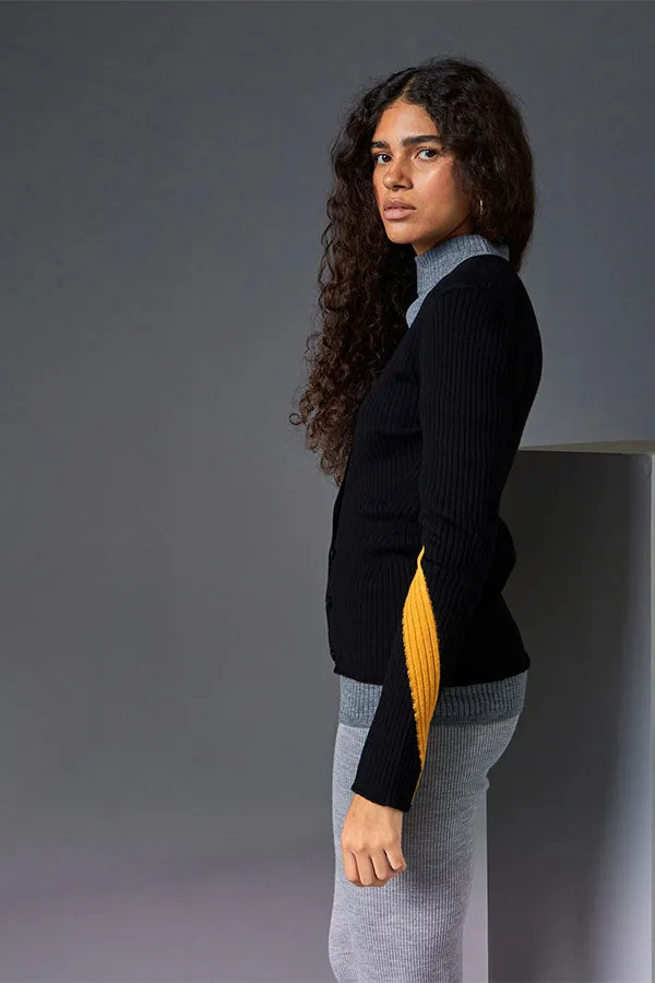 Rodier BLACK BICOLOR RIBBED MERINO WOOL CARDIGAN