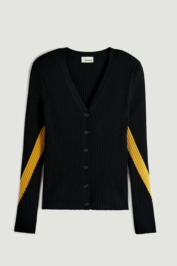 Rodier BLACK BICOLOR RIBBED MERINO WOOL CARDIGAN