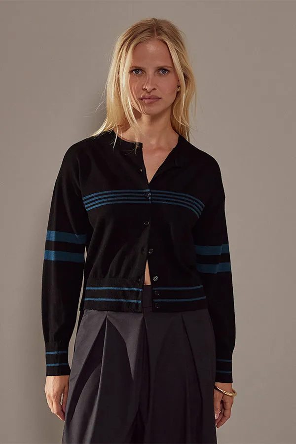 Rodier BLACK STRIPED MERINO WOOL CARDIGAN