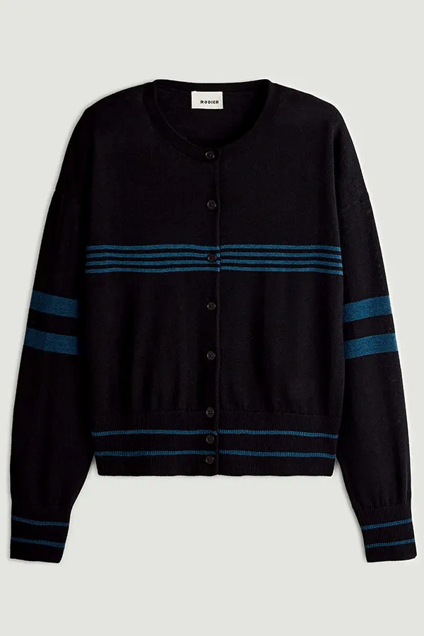 Rodier BLACK STRIPED MERINO WOOL CARDIGAN