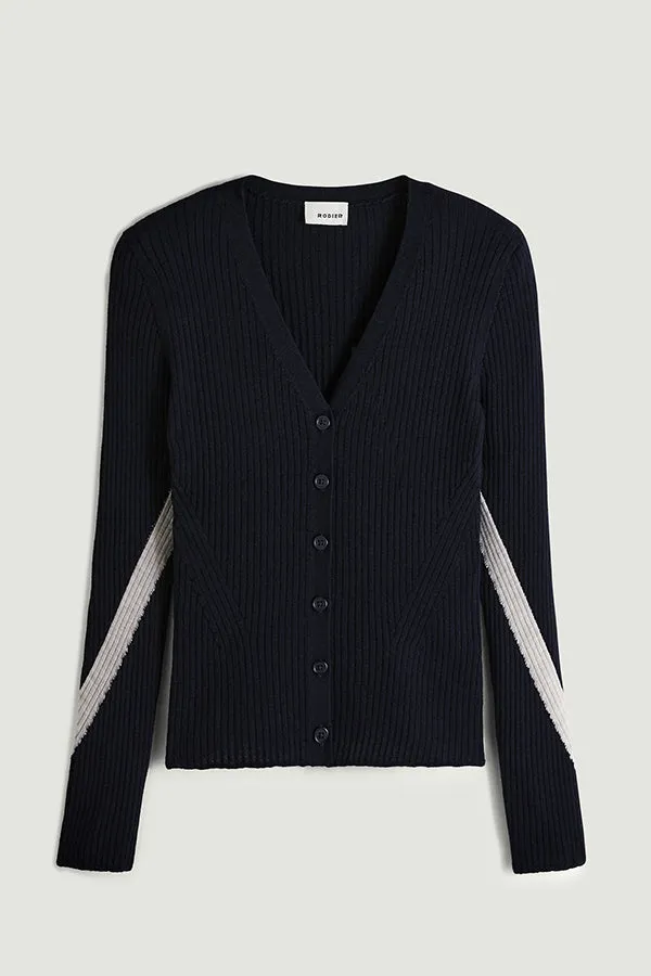 Rodier NAVY BLUE BICOLOR RIBBED MERINO WOOL CARDIGAN