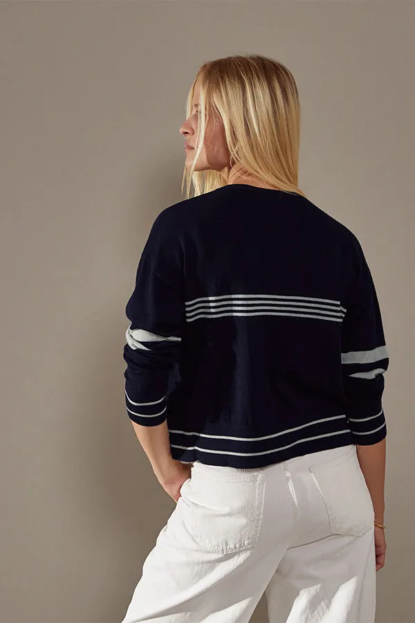 Rodier NAVY BLUE STRIPED MERINO WOOL CARDIGAN