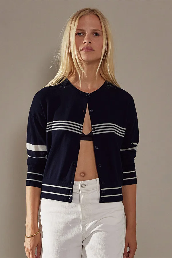 Rodier NAVY BLUE STRIPED MERINO WOOL CARDIGAN