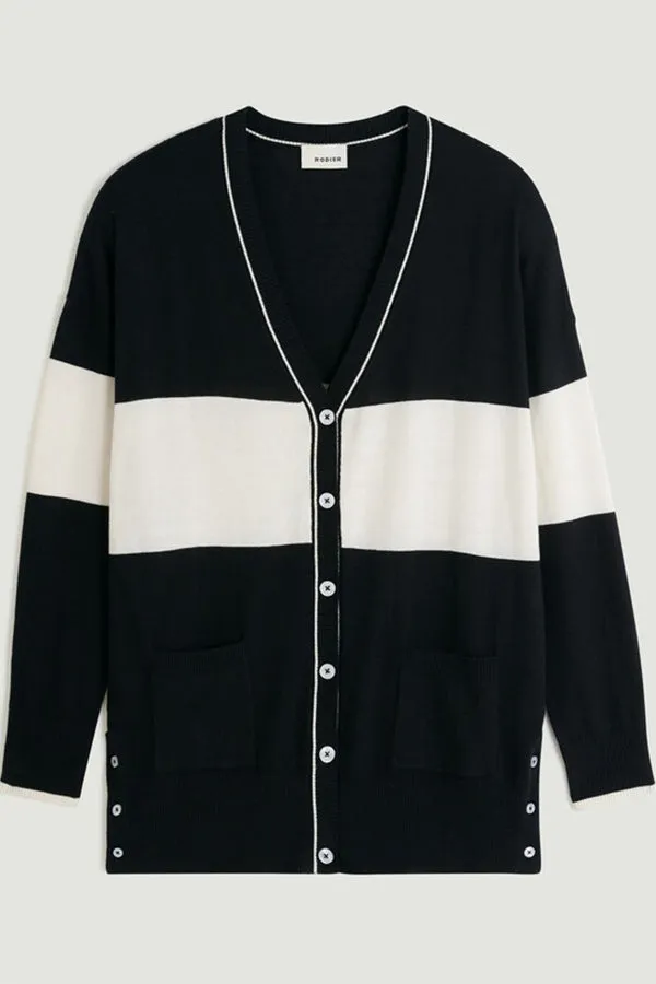 Rodier STRIPED TWO TONE OVERSIZED V-NECK CARDIGAN