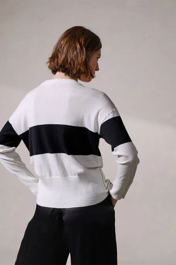 Rodier STRIPED TWO TONE ROUND NECK CARDIGAN