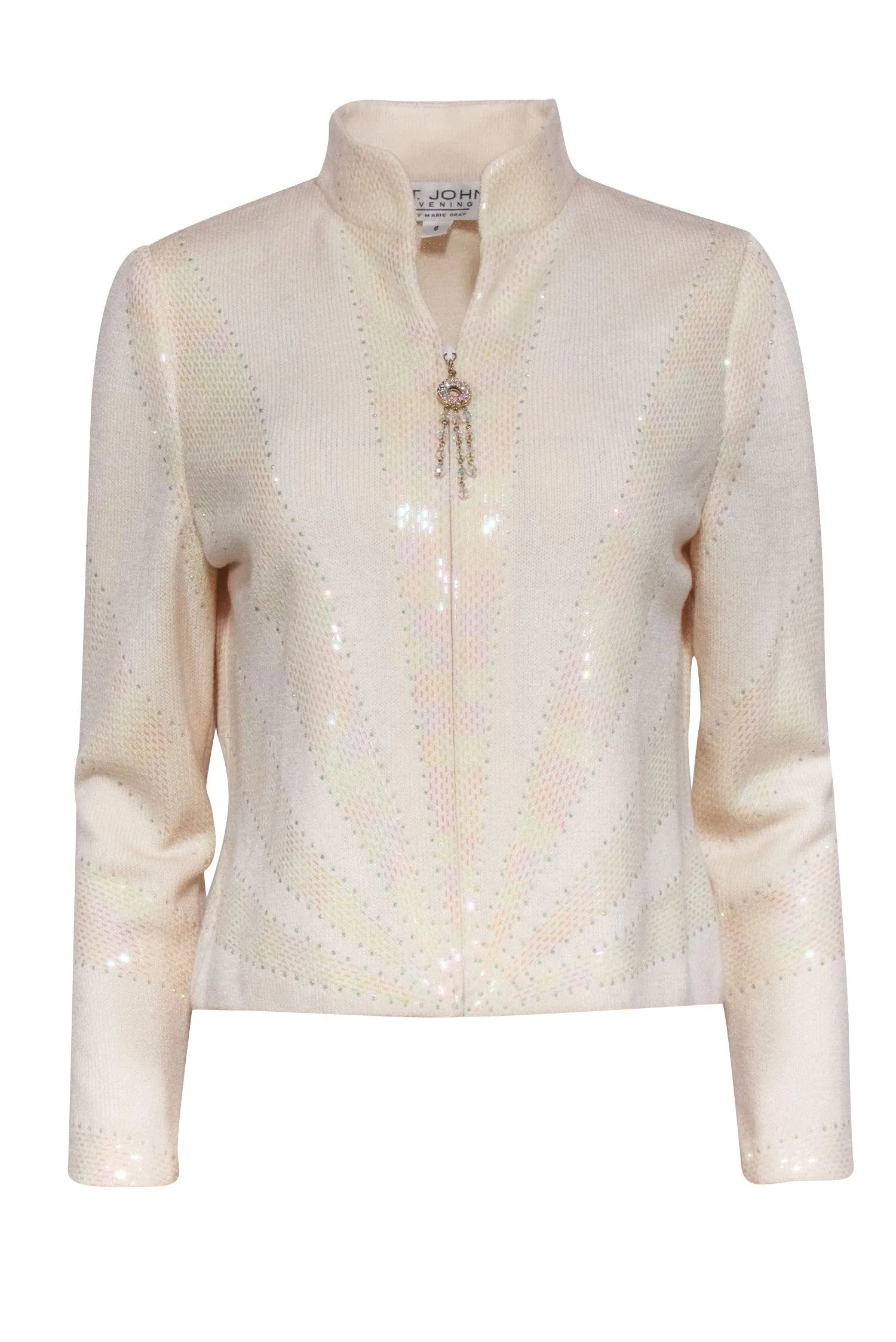 St. John - Cream Iridescent Sequin Knit Jacket w/ Rhinestone Zipper Sz 6