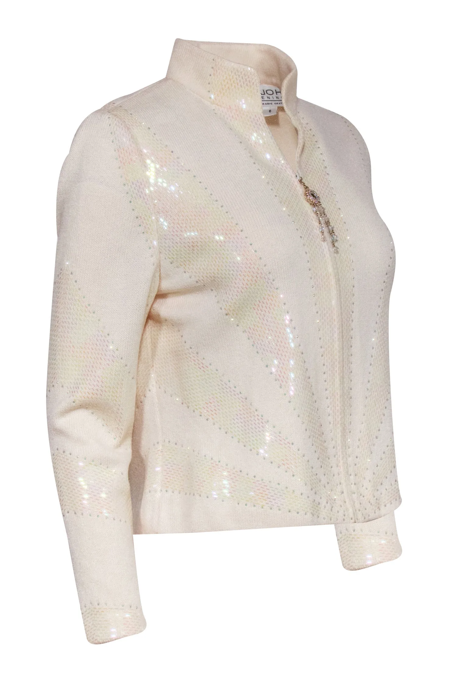 St. John - Cream Iridescent Sequin Knit Jacket w/ Rhinestone Zipper Sz 6