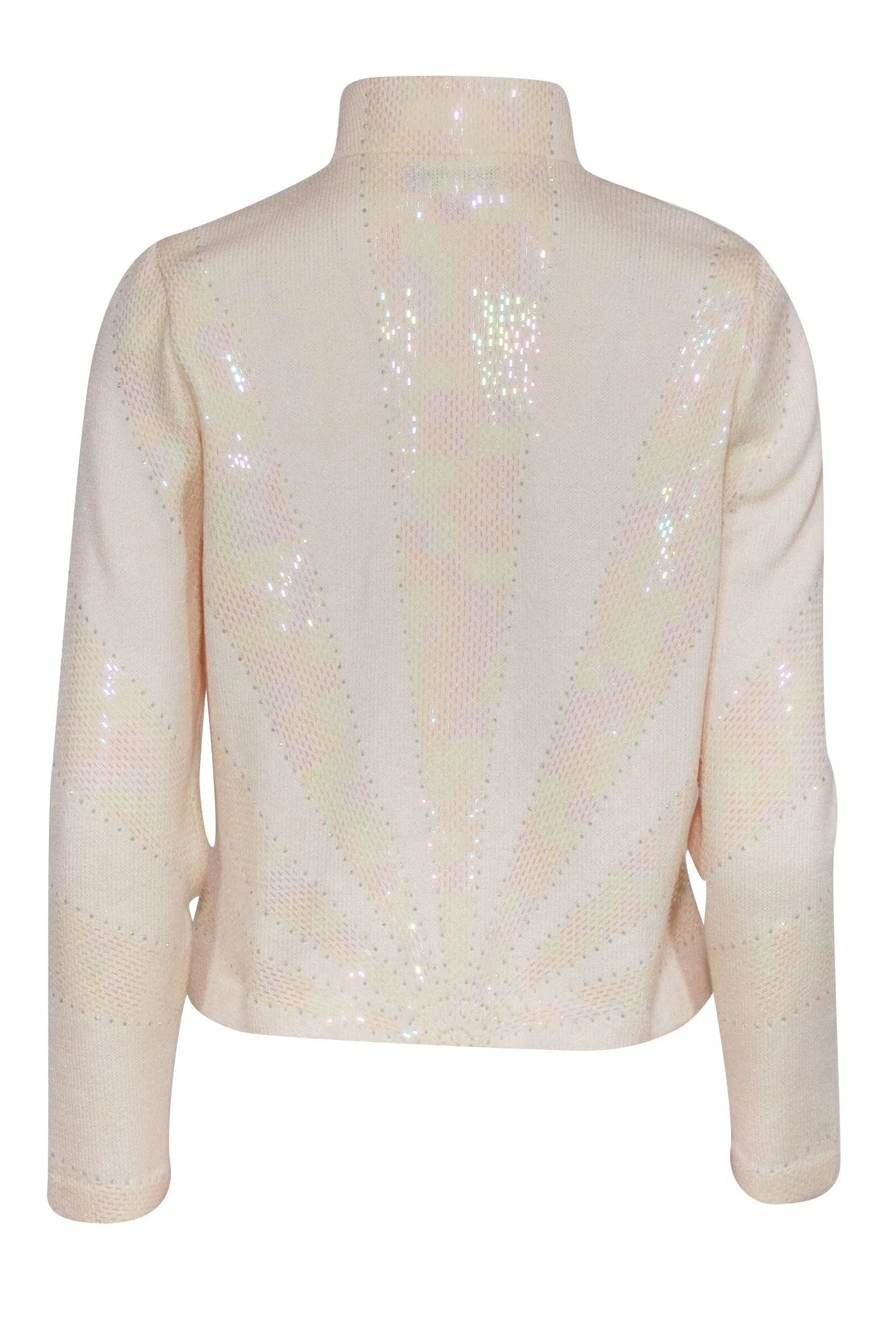 St. John - Cream Iridescent Sequin Knit Jacket w/ Rhinestone Zipper Sz 6