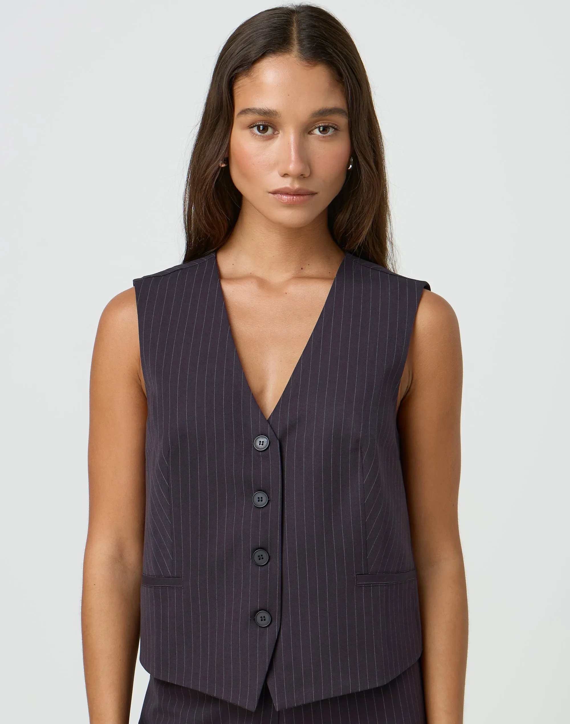 Tailored Pinstripe Boxy Vest in Navy Fine Pin | Glassons