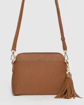 Tan Karen Pattern Punchout Crossbody Bag