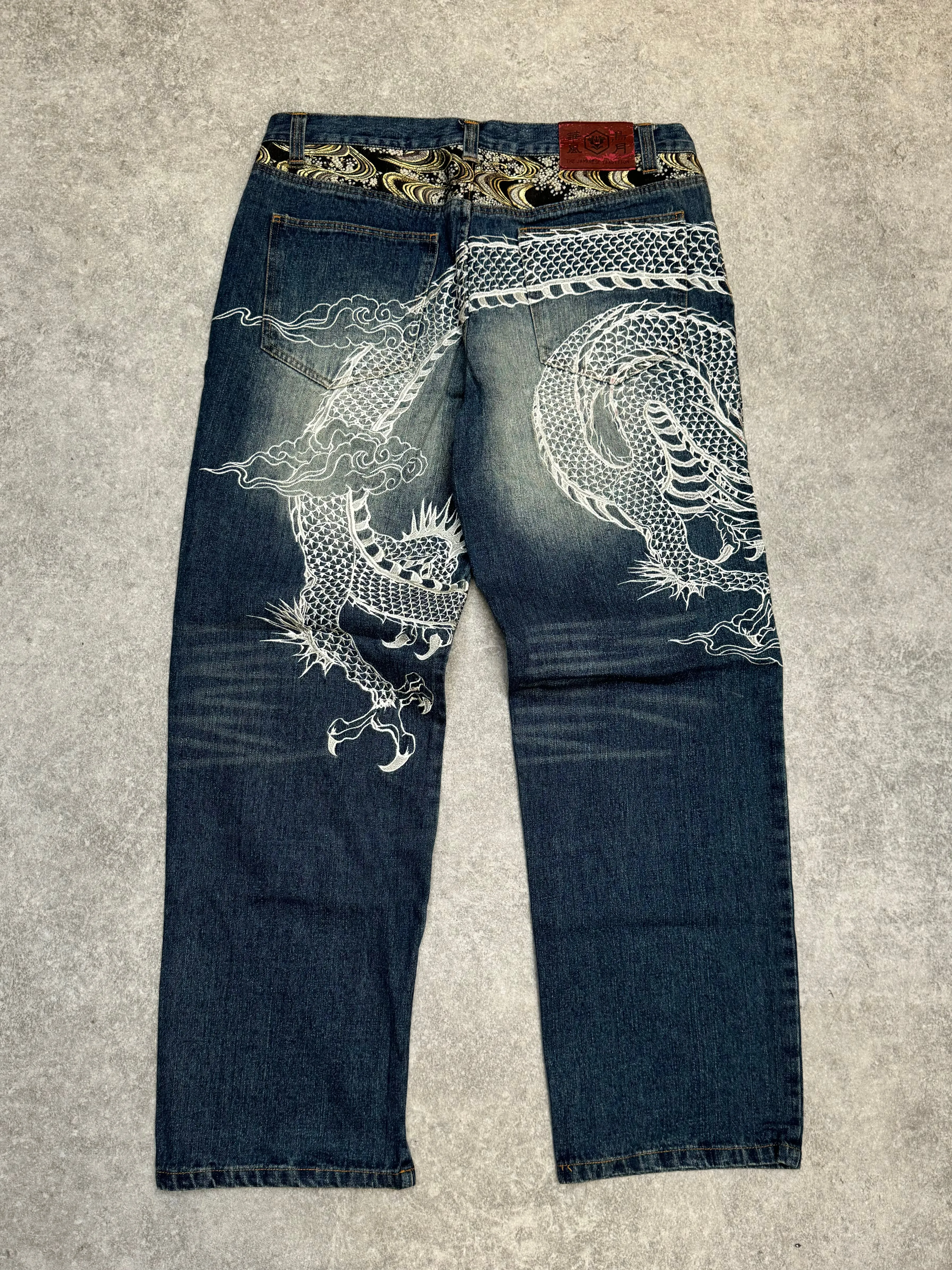 The Japanese Tradition Dragon Embroidered Metallic Floral Patch Jeans