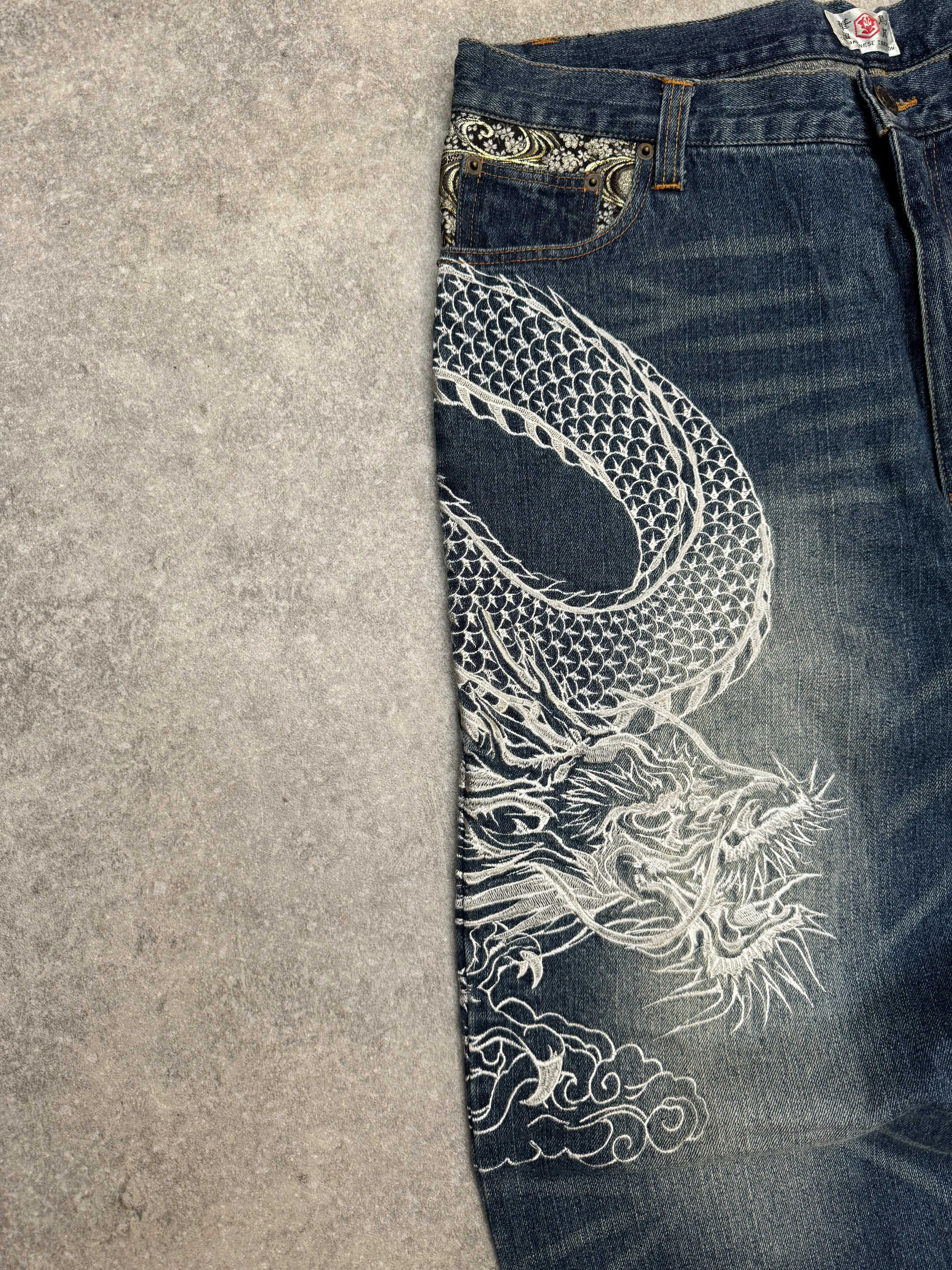 The Japanese Tradition Dragon Embroidered Metallic Floral Patch Jeans