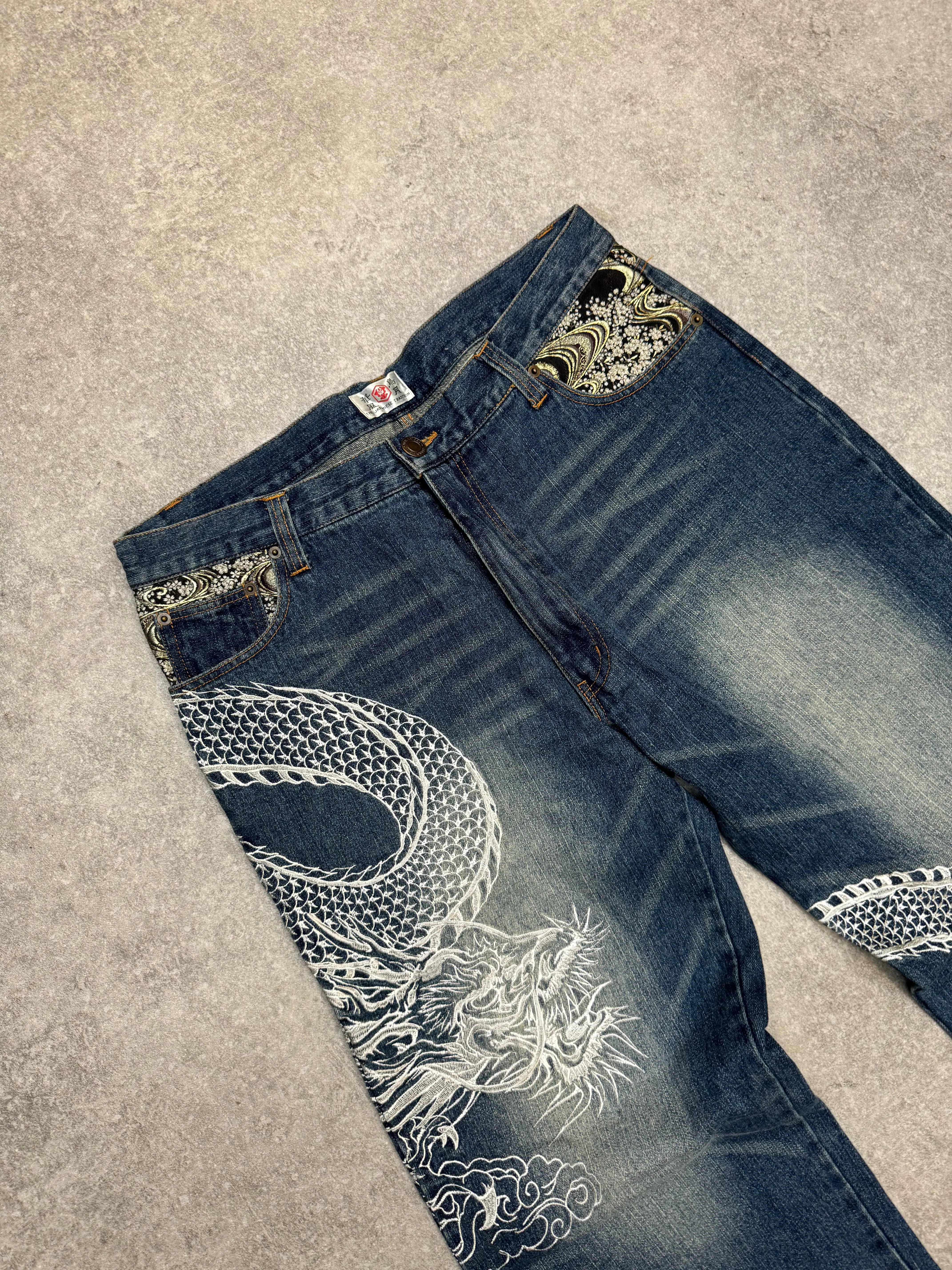 The Japanese Tradition Dragon Embroidered Metallic Floral Patch Jeans