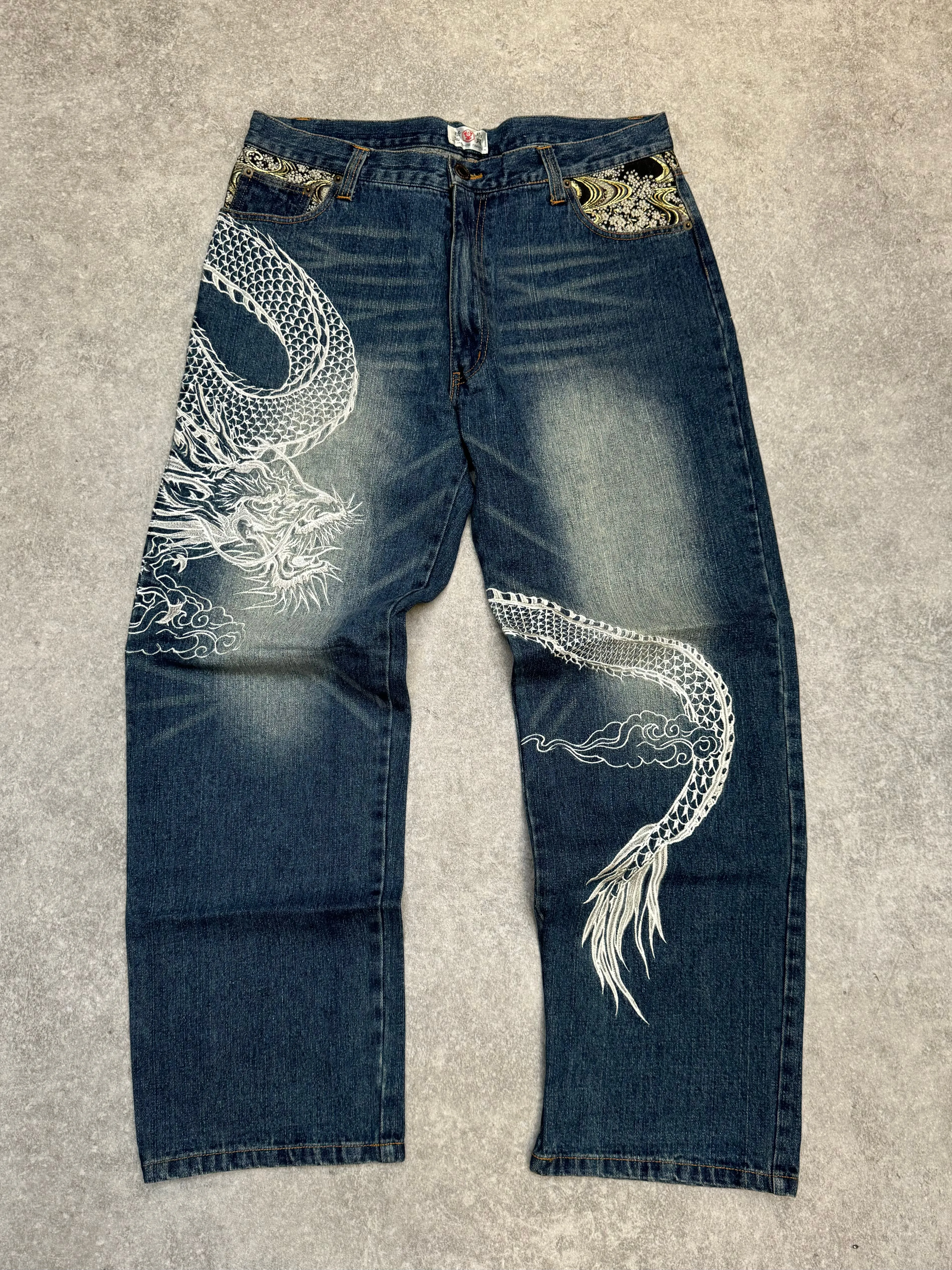 The Japanese Tradition Dragon Embroidered Metallic Floral Patch Jeans