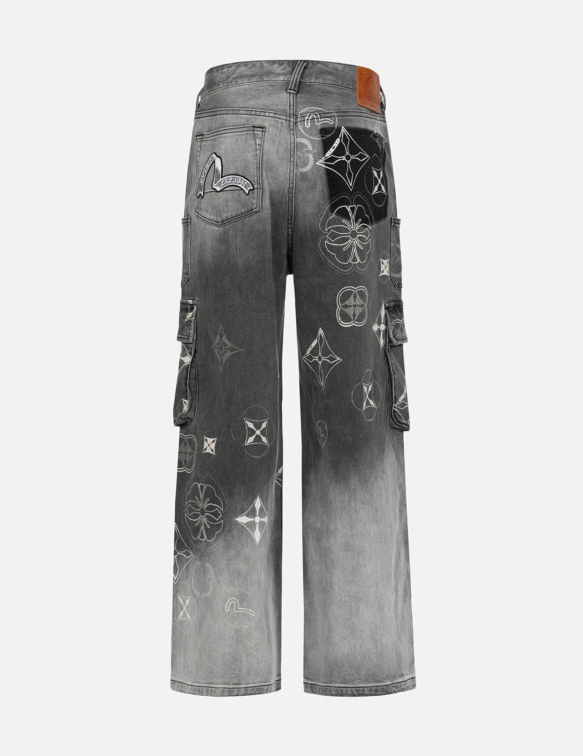 Tie-Dye Kamon and Seagull Print Fashion Fit Cargo Jeans