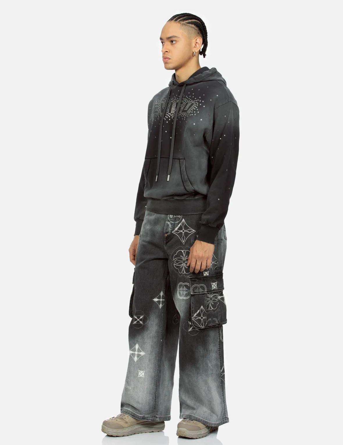 Tie-Dye Kamon and Seagull Print Fashion Fit Cargo Jeans