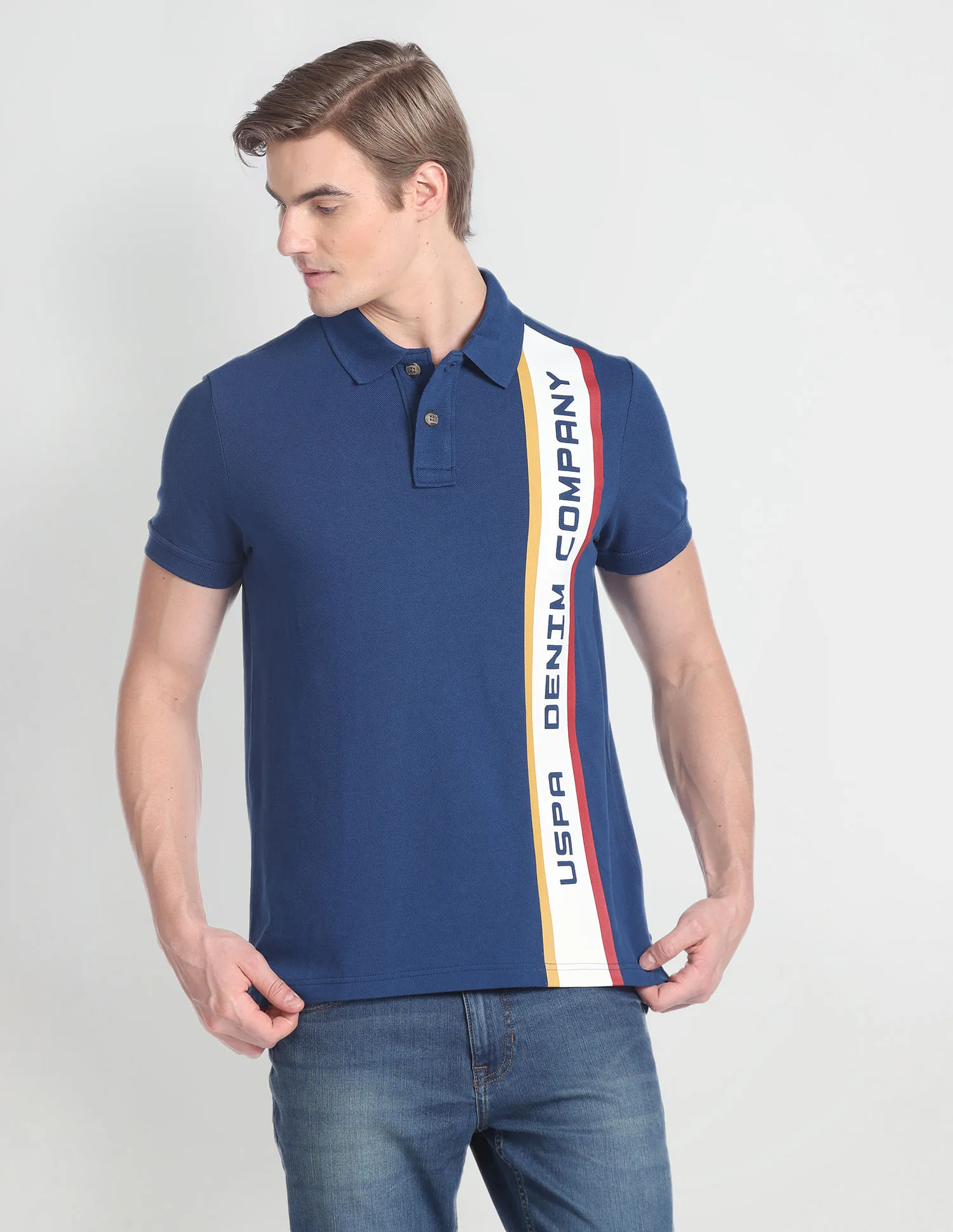 U.S. Polo Assn. Denim Co. Ribbed Collar Brand Print Polo Shirt